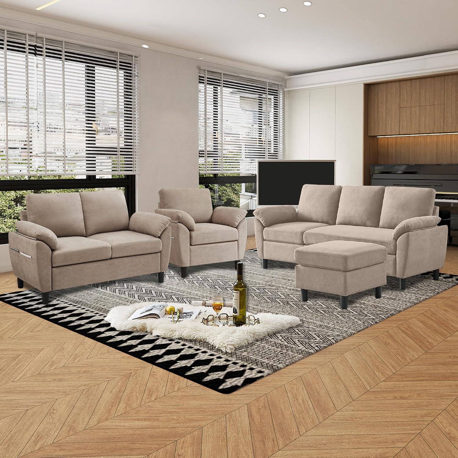 3 Pieces Sectional Sofa Set, 79' Modern L Shaped Couch & 57' Loveseat & 35' Accent Chair, Linen Upholstered Sofa Set with Movable Ottoman, Couches for Living Room, Apartment, Beige