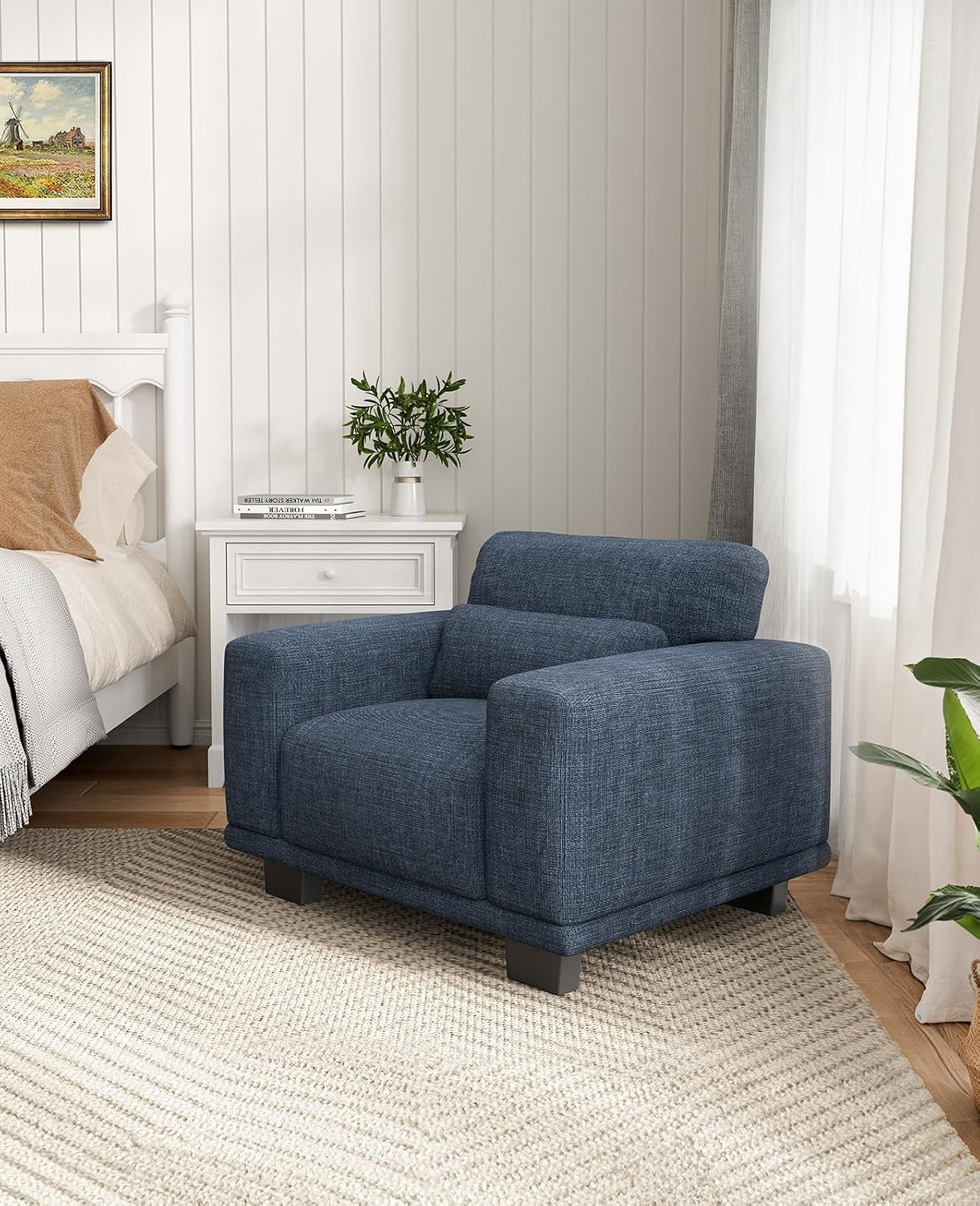 Marsail 40 Inch Single Sofa, 1-Seater Modern Comfy Couch with Deep Seats, Upholstered Linen Couches for Living Room, Bedroom, Office,Apartment, Blue