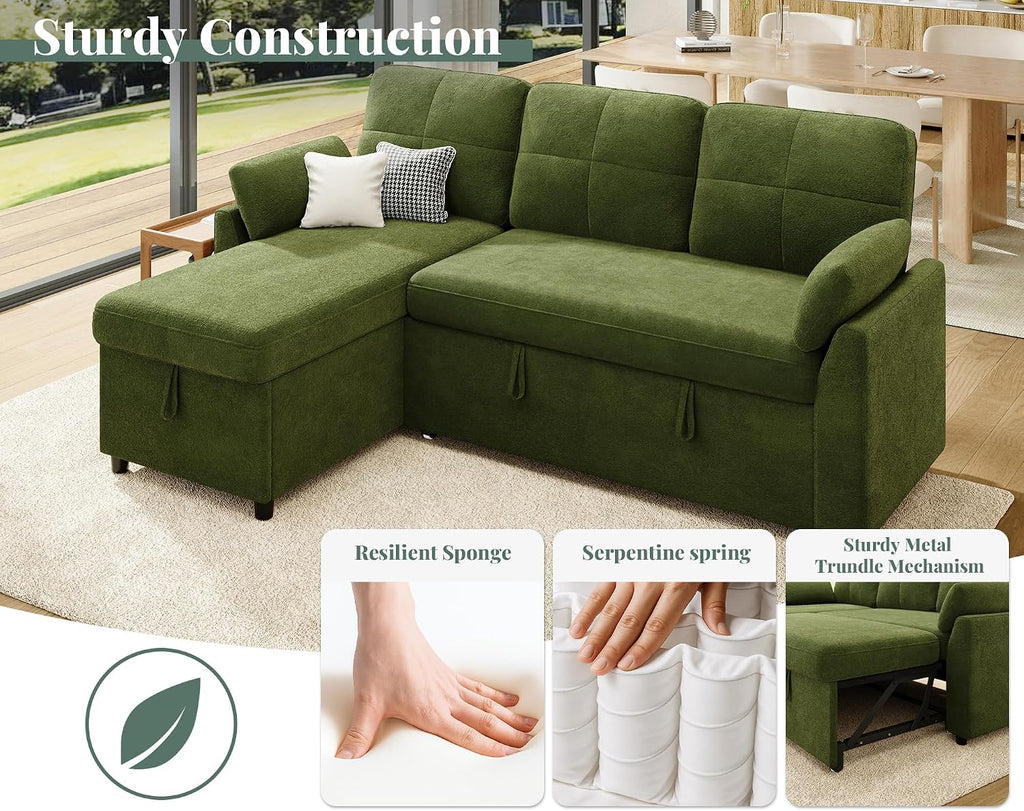 Jocisland Sofa Bed, Sleeper Sofa with Storage Chaise, Convertible Couch Bed with Pull Out Couch, l Shaped for Living Room, Linen Geen