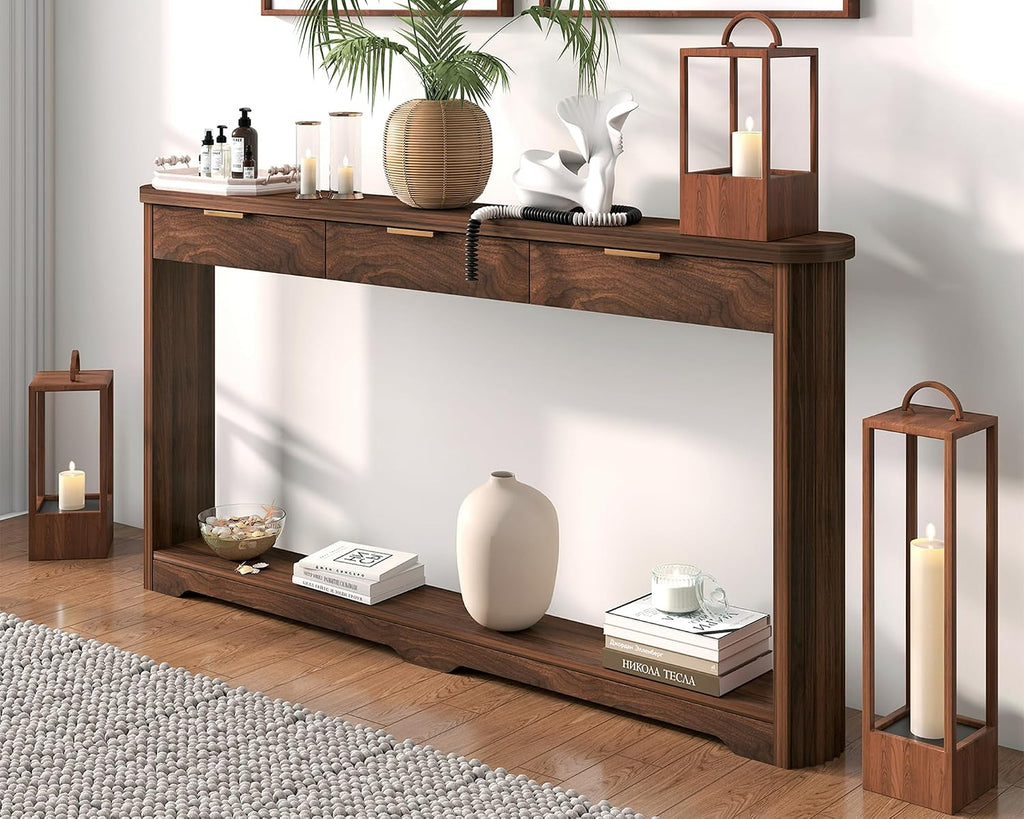 Rovibek Entryway Table with Drawers, 70 Inch Fluted Walnut Console Table with Storage, Narrow Sofa Tables Behind the Couch, Entry Tables for Living Room, Hallway, Entrance, Foyer