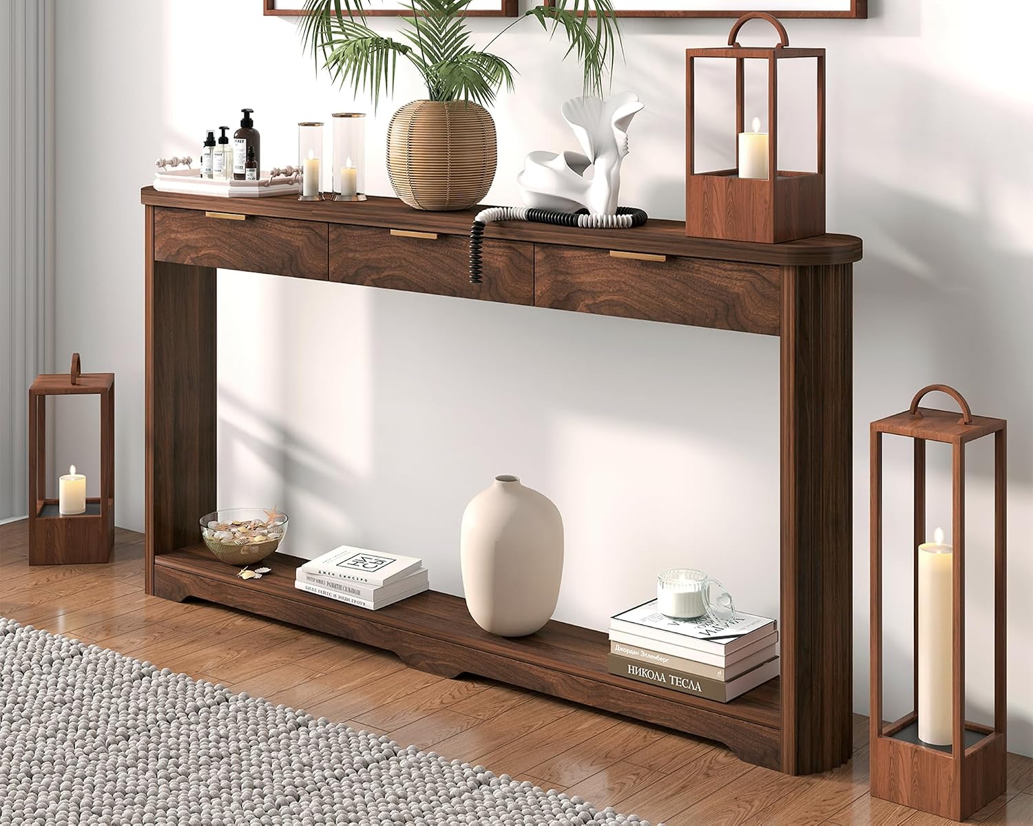 Rovibek Entryway Table with Drawers, 70 Inch Fluted Walnut Console Table with Storage, Narrow Sofa Tables Behind the Couch, Entry Tables for Living Room, Hallway, Entrance, Foyer