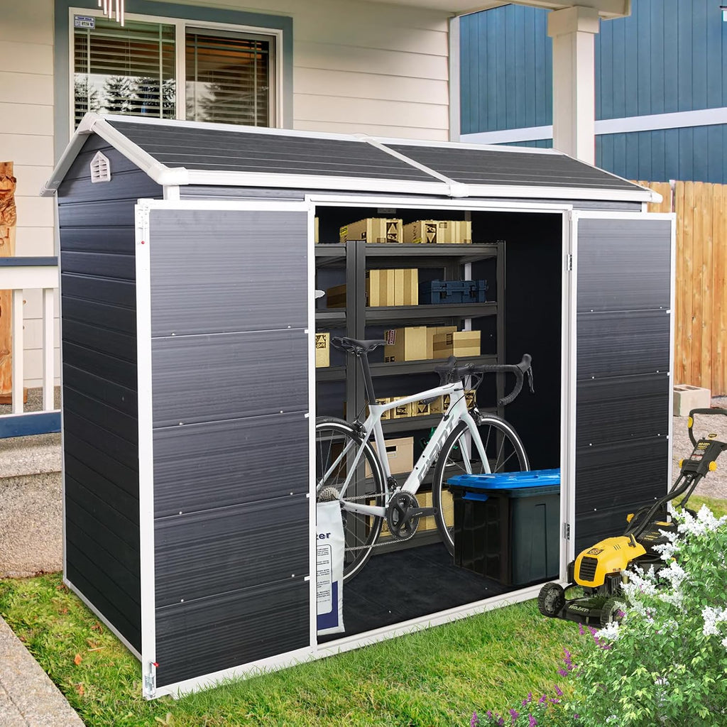 8x4ft Resin Outdoor Storage Shed: Double Doors & Two Windows, Heavy-Duty Plastic Shed with Floor, Waterproof UV-Proof Garden Tool Storage for Backyard, Patio, Yard, Lawn