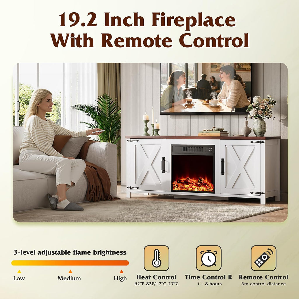 WLIVE Electric Fireplace TV Stand for TVs up to 65', Farmhouse Entertainment Center with X-Shaped Barn Doors & Storage Cabinets, Media TV Console for Living Room, Remote Control, White