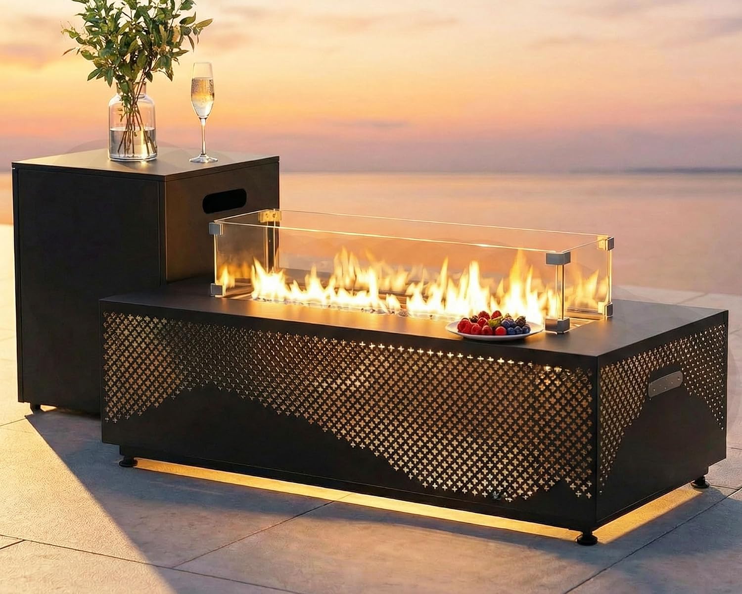 RADIATA 42' Rectangle Propane/Natural Gas Firepit for Patio, 50000BTU Outdoor Lowprofile Fireplace with Tank Table & LED Lights, Rain Cover, CSA Certified, Backyard Fire Pit for Porch Deck, Dark Gray