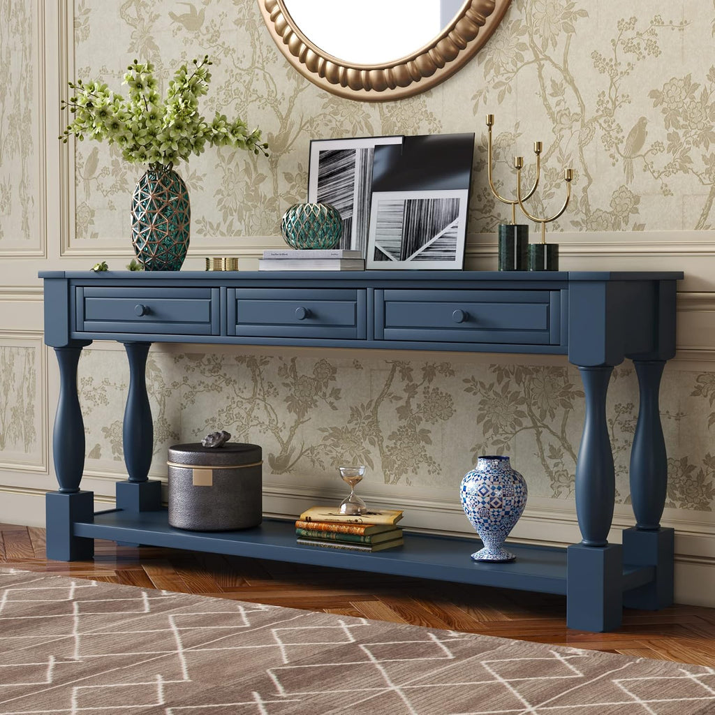 Merax Console Table, 64' Long Extra-Thick Entryway Table Sofa Table with 3 Drawers and Shelf for Entryway, Hallway, Living Room (Navy Blue)