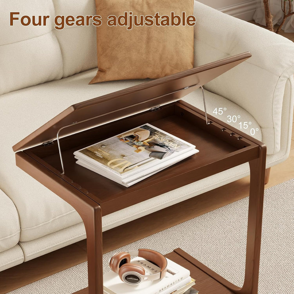 AQIMUELE Wooden C-Shaped End Table,Couch Table with Adjustable Desktop,Small Rolling Side Table with 2 Lockable Wheels 23.6' Width,Small End Table for Couch, Living Room,Bedroom (Walnut)
