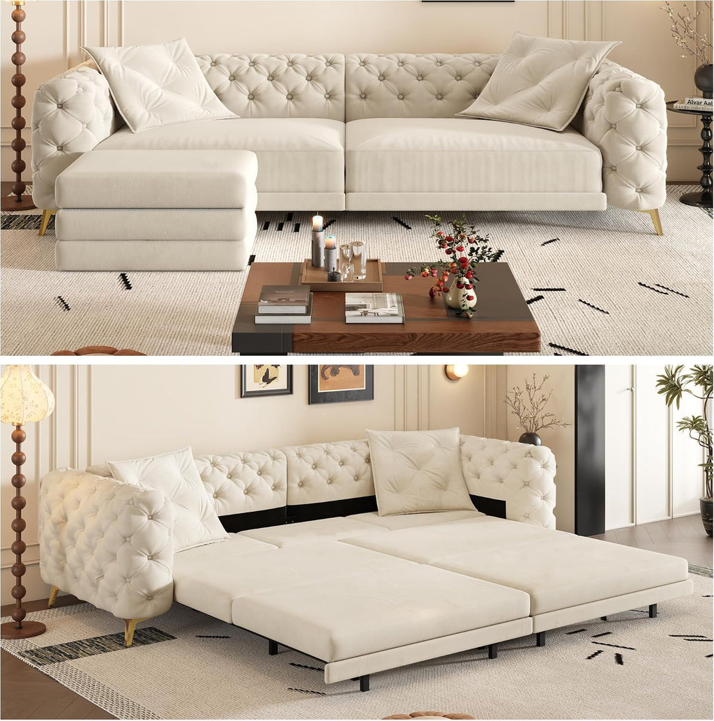 97.7' King Size Sleeper Sofa Bed, 3-in-1 Convertible Pull Out Chesterfield Sleeper Couch with Ottoman, Oversized Velvet Button Tufted L Shaped Sofa for Living Room Small Spaces, Beige White