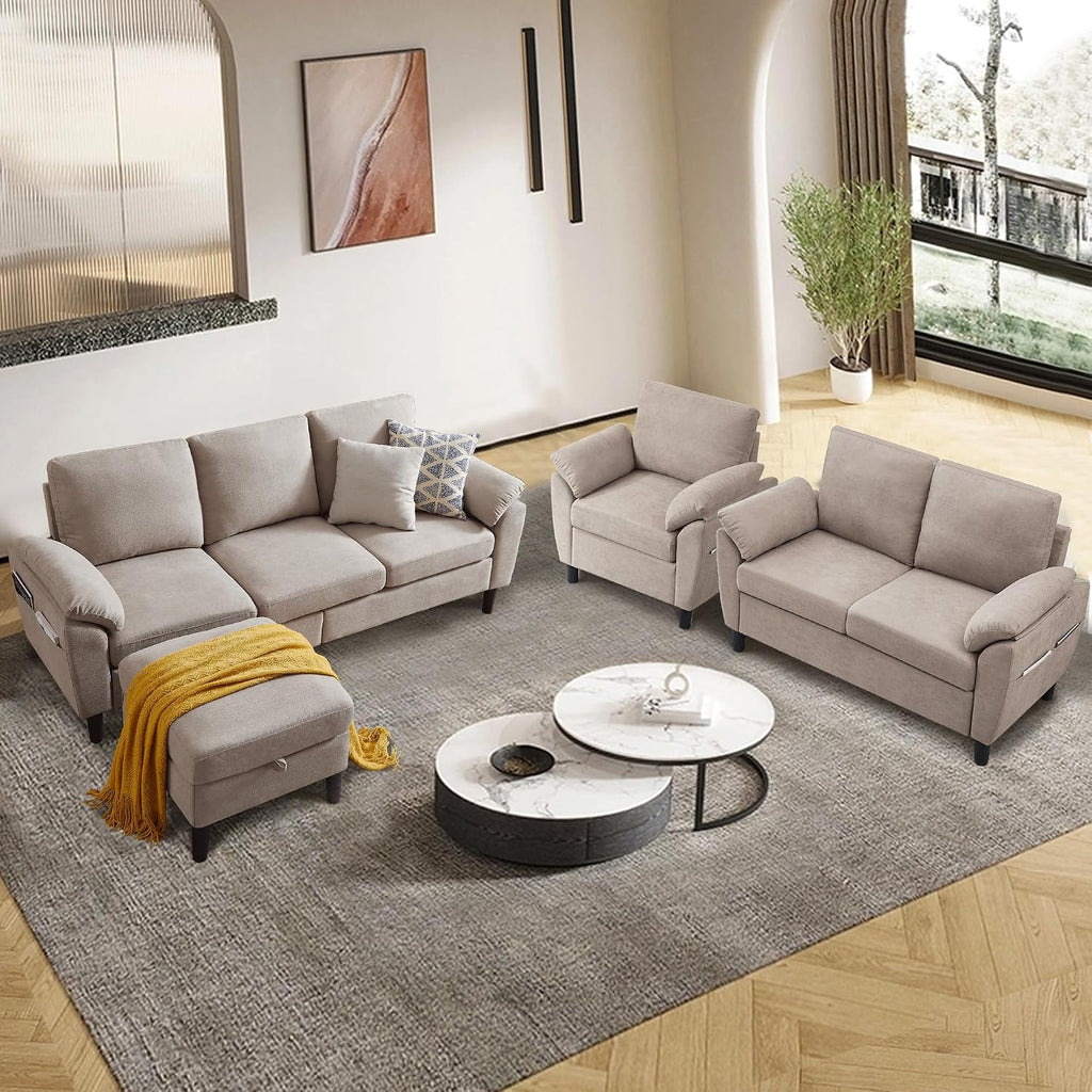 3 Pieces Sectional Sofa Set, 79' Modern L Shaped Couch & 57' Loveseat & 35' Accent Chair, Linen Upholstered Sofa Set with Movable Ottoman, Couches for Living Room, Apartment, Beige