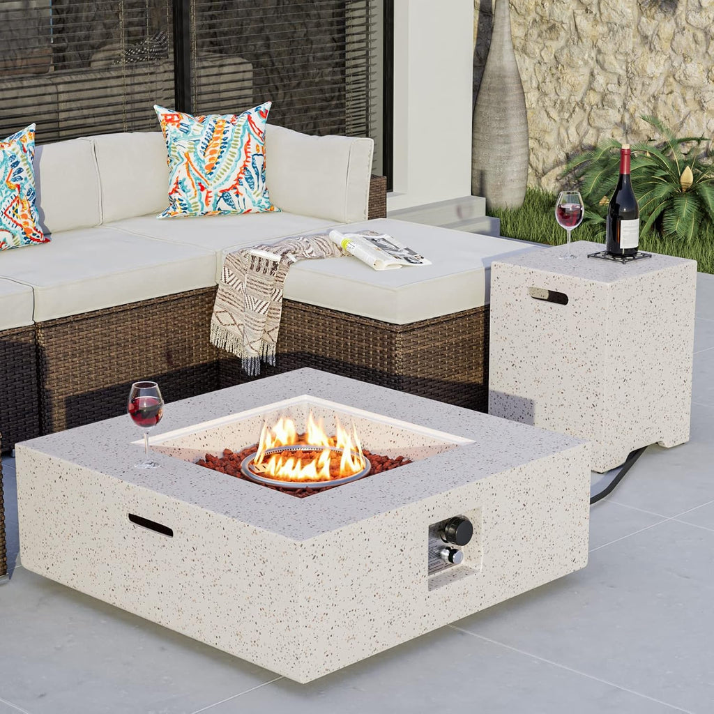 COSIEST 2-Piece Outdoor Propane Fire Pit Table Set w Tank, Beige Faux Stone 35 inch Square Fire Table w Certified, 50,000 BTU Stainless Steel Burner, w 20lb Hideway Tank Cover for Garden, Porch