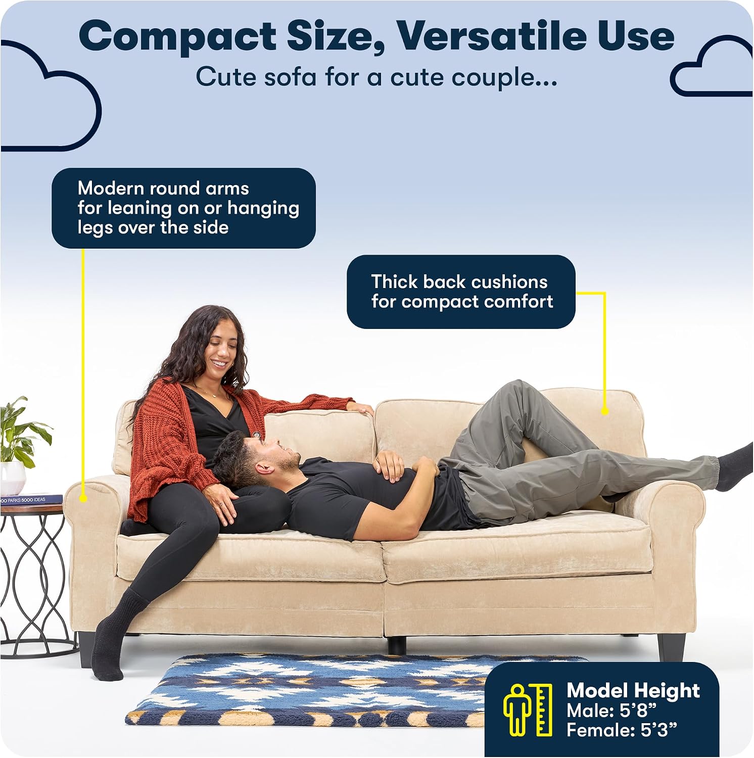 Serta Copenhagen 78' Rolled Arm Sofa, Easy Care Polyester, Soft Pillow Back, Pocket Coil Seat Cushions, Removable Covers, Loveseat or Couch for Small Spaces, Living Rooms or Bedrooms, Buttercream