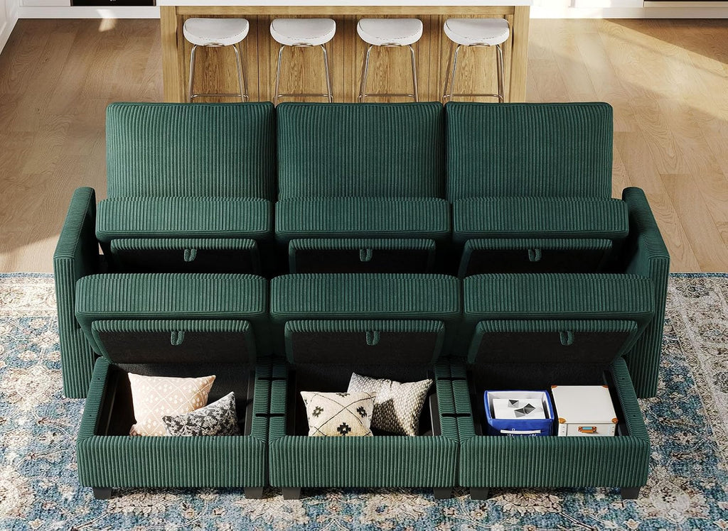 Belffin Modular Sectional Sleeper Sofa with Storage Seat 6 Seat Sectional Sleeper Sofa Bed Corduroy Sectional Couch with Reversible Chaise Green Modular Couch for Living Room