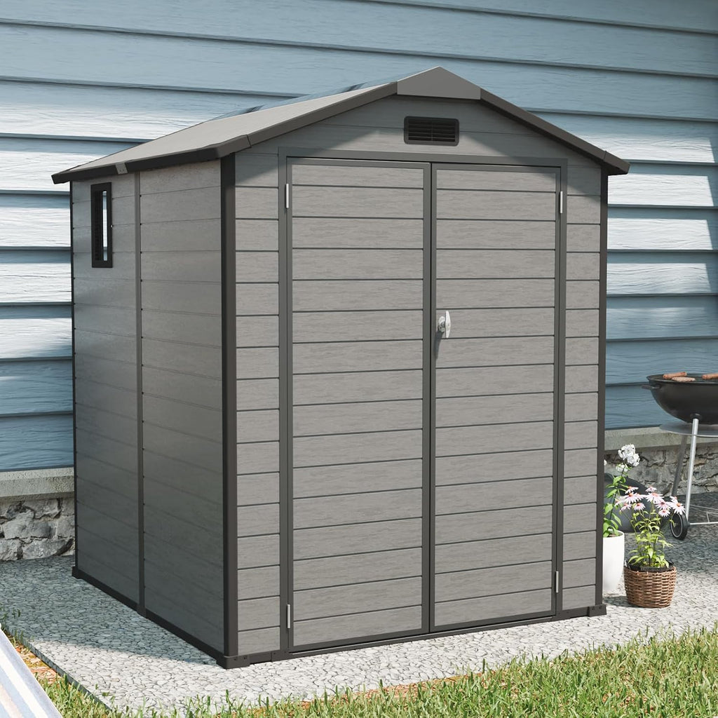 KEIKI 6x6 FT Outdoor Storage Shed Upgraded Polypropylene Frame Resin Cabinet,Sloped Roof with Two-Window and Double Lockable Door for Patio Backyard Tools