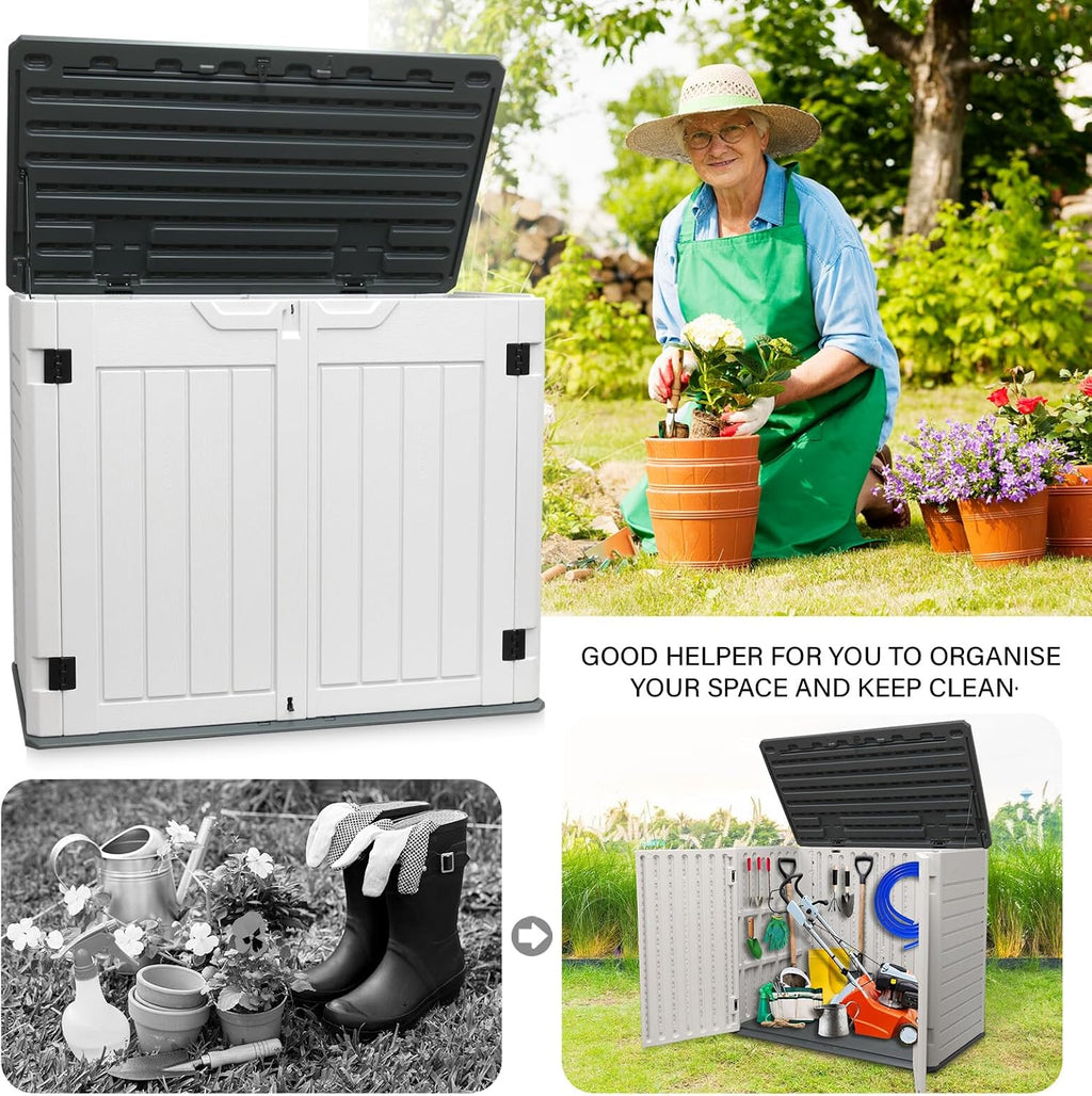 AJP Distributors 4ft x 2.5ft 35 cuft Outdoor Storage Shed, Waterproof Resin Horizontal Storage Box w/Lid & Lockable Doors for Backyard Garden Patio Pool - Bike Cushion Garbage Can Tools Lawn Mower