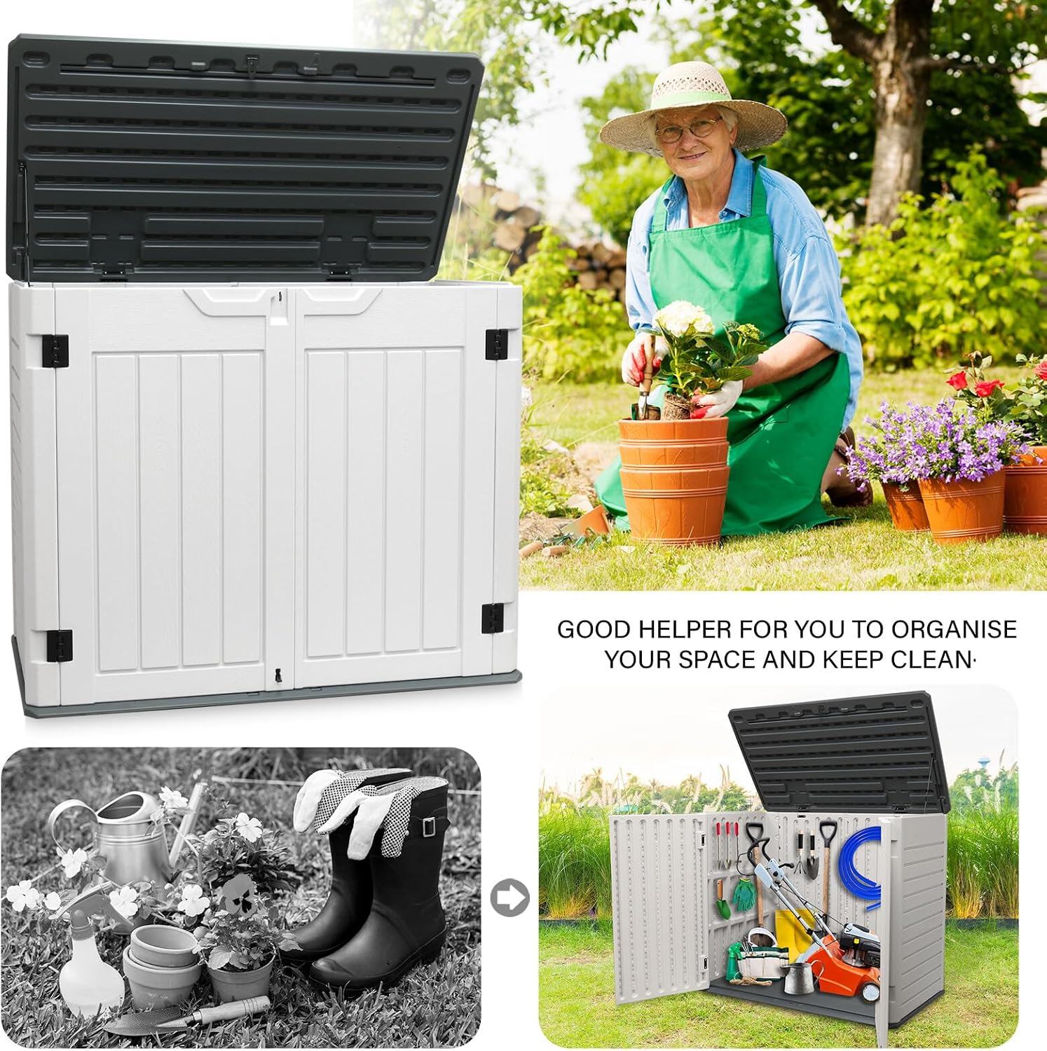 AJP Distributors 4ft x 2.5ft 35 cuft Outdoor Storage Shed, Waterproof Resin Horizontal Storage Box w/Lid & Lockable Doors for Backyard Garden Patio Pool - Bike Cushion Garbage Can Tools Lawn Mower
