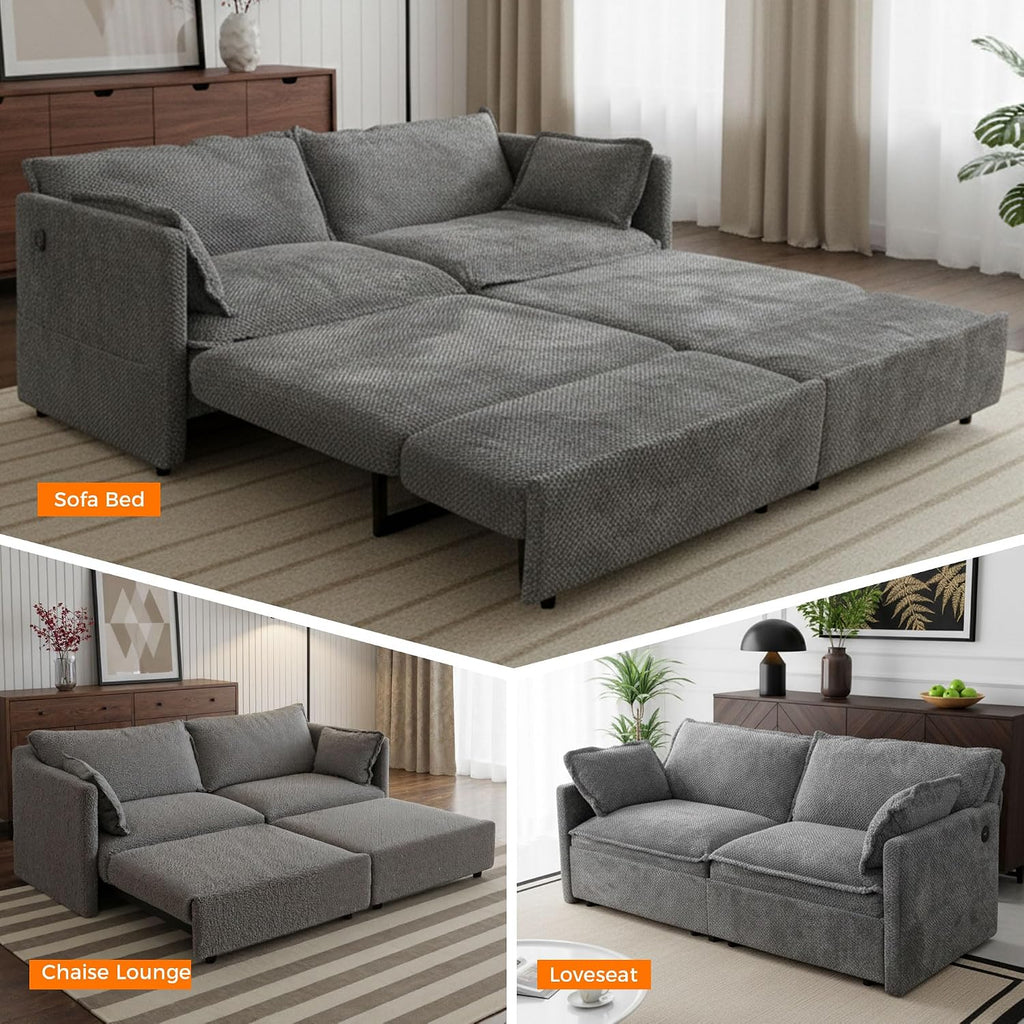 3 in 1 King Size Sofa Bed-73.6' Convertible Sofa Bed with USB/C-Type Charging Ports,Corduroy Sleeper Sofas with Side Pockets,Loveseat Chaise Lounge for Living Room,Bedroom,Apartments,Grey