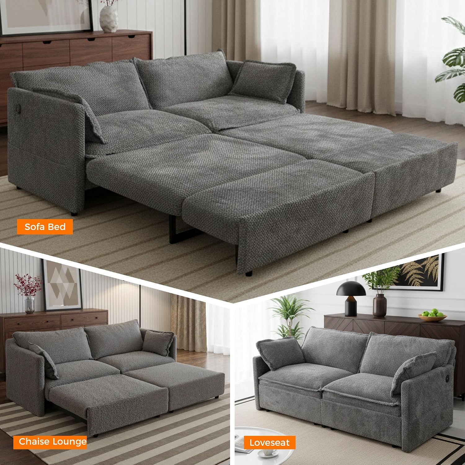 3 in 1 King Size Sofa Bed-73.6' Convertible Sofa Bed with USB/C-Type Charging Ports,Corduroy Sleeper Sofas with Side Pockets,Loveseat Chaise Lounge for Living Room,Bedroom,Apartments,Grey