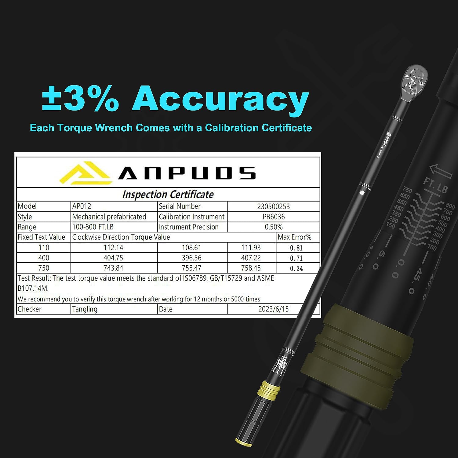 ANPUDS 3/4-Inch Drive Click Torque Wrench, 100-800 Ft-Lb/135.5-1084 Nm with Dual-Direction, 48-Tooth Dual Range Scales, Quick Release Reversible Head Torque Wrench for Car, Truck, Tractor