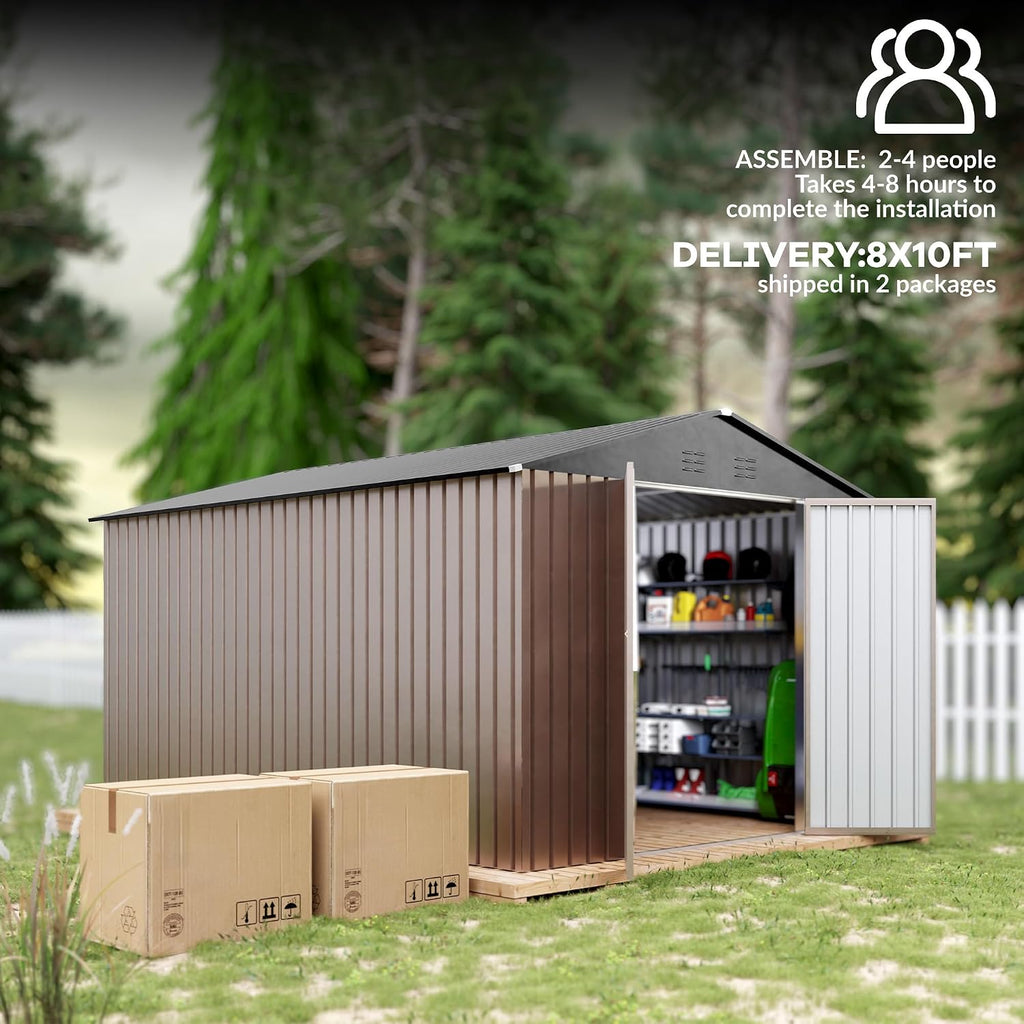 8 x 12 Ft Outdoor Storage Shed, Large Metal Tool Sheds with Updated Frame Structure and Lockable Doors, Garden Shed for Backyard Garden Patio Lawn