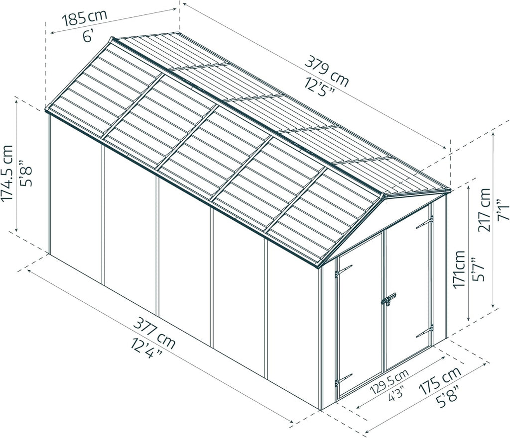 Palram - Canopia Rubicon Storage Shed, 6'x12' DIY Backyard Shed, Gray Polycarbonate Panels and Aluminum Frame, Sheds & Outdoor Storage for Lawn Mower, Bike, Garden Tools, Outdoor Storage Box Shed