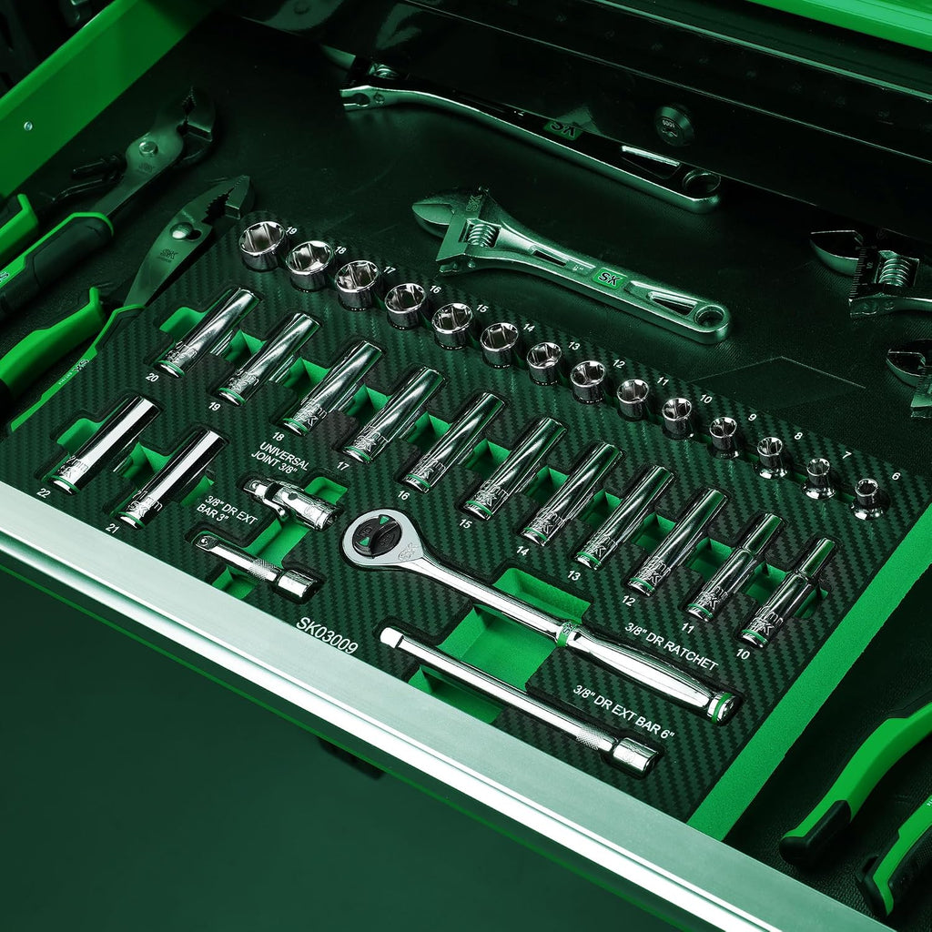 SK 3/8' Drive Socket Set with 160-P Ratchet, 31-Piece, Metric, SuperKrome Finish, Premium CR-V Construction, with EVA Foam Tool Organizer