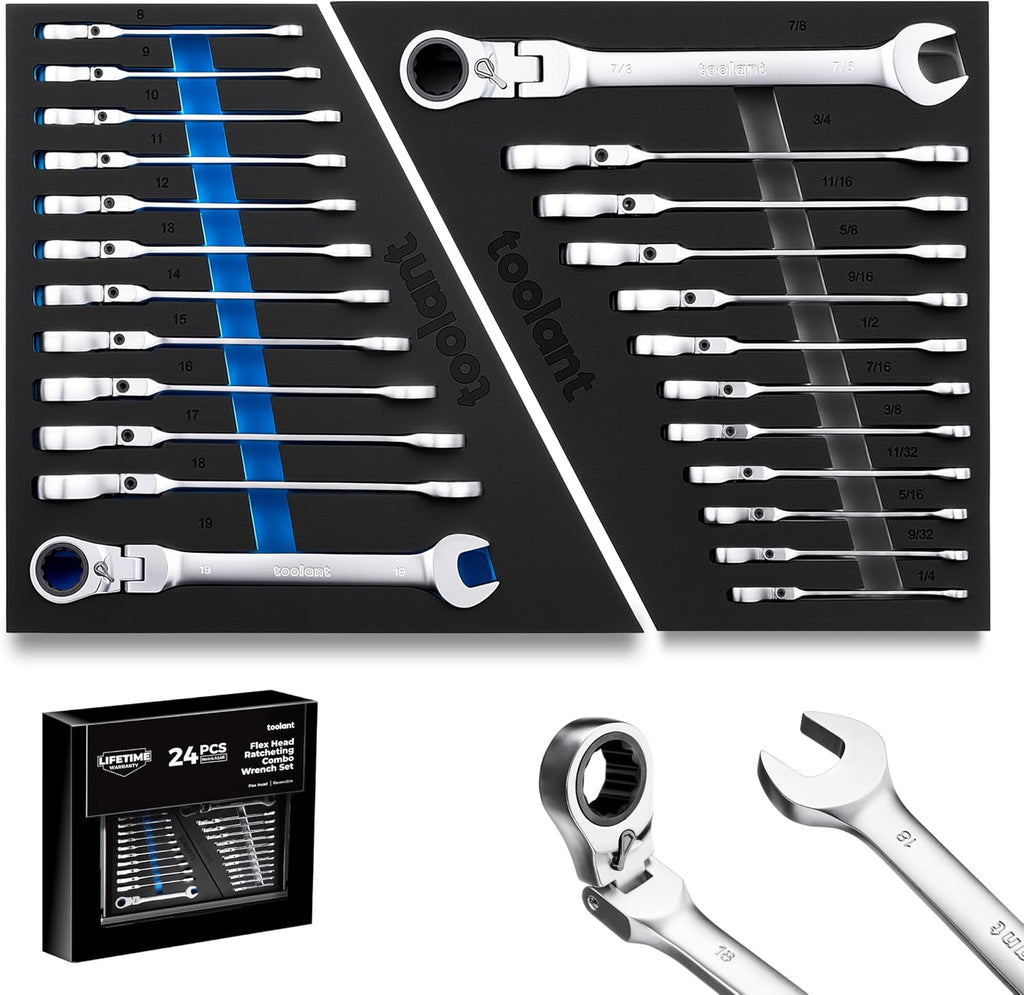 toolant 24pcs Ratcheting Wrench Set, Flex-Head Ratchet Combination Wrench Sets with Switch Design, 8-19mm & 1/4'-7/8', 90-Tooth and 4°Swing, 24PCS with Storage Tray