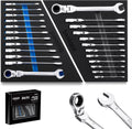 toolant 24pcs Ratcheting Wrench Set, Flex-Head Ratchet Combination Wrench Sets with Switch Design, 8-19mm & 1/4'-7/8', 90-Tooth and 4°Swing, 24PCS with Storage Tray