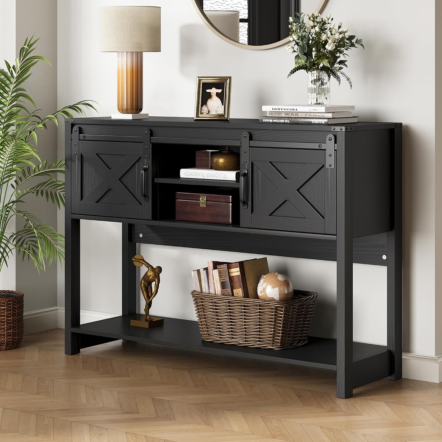 RoyalCraft Farmhouse Console Table with Storage Shelf & Sliding Barn Door, Entryway Table with Storage, 46' Narrow Long Sofa Table, Console Tables for Living Room, Entryway, Foyer