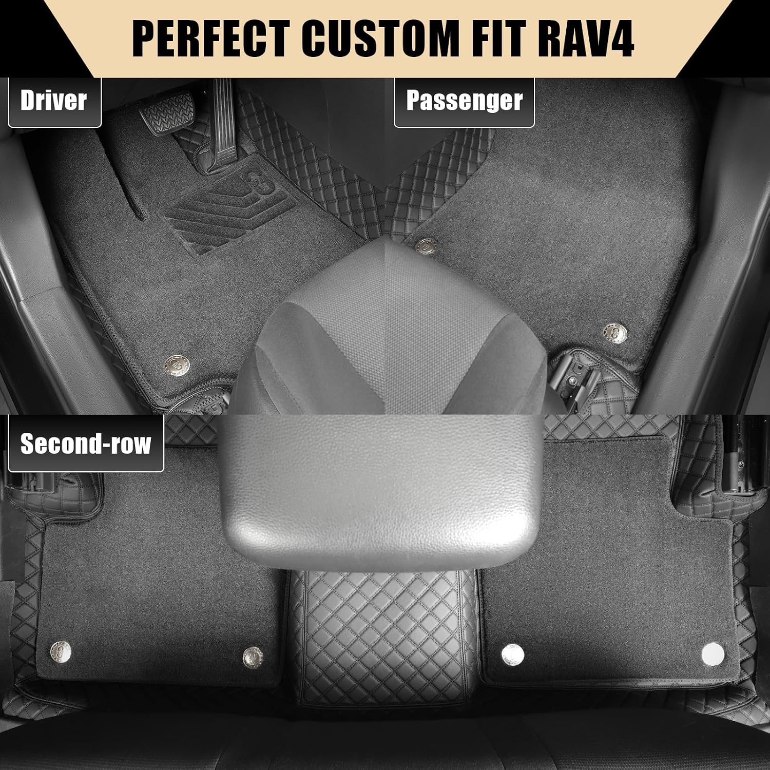 EKR Custom Floor Mats for Toyota RAV4 (Hybrid only) 2019-2025, Front & 2nd Row Luxury Double Layer Car Floor Mat Liner Fit RAV4 2019 2020 2021 2022 2023 2024 2025 - Leatherette Plus Carpet (Black)