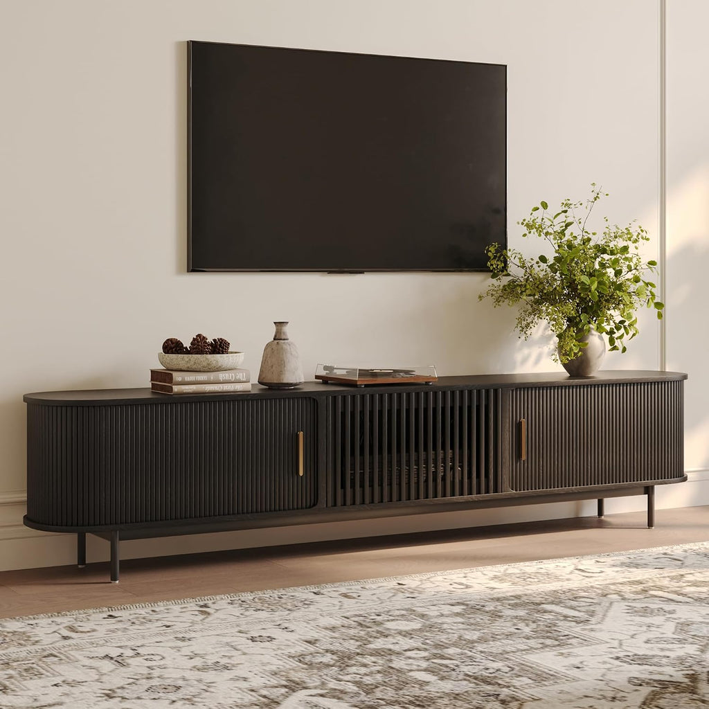 POVISON Fully-Assembled Mid Century Modern TV Stand for 75+ inch TV, Sliding Door Entertainment Center with Storage, Wood TV Console, Media Console for Living Room Bedroom(Black, 94.49')
