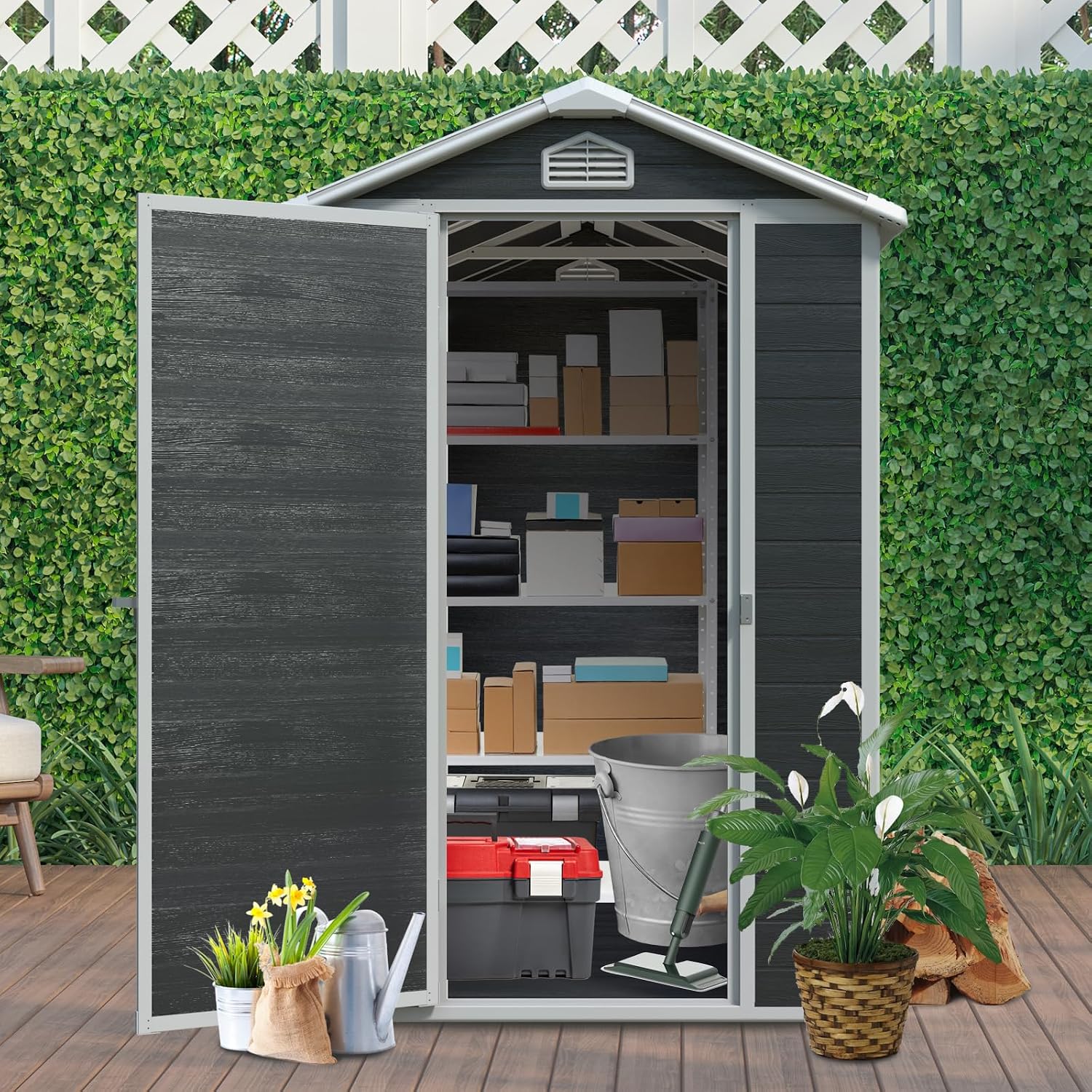KEIKI 4x6 FT Outdoor Storage Shed Waterproof Resin Cabinet,Sloped Roof Polypropylene Frame with Lockable Doors for Patio Furniture
