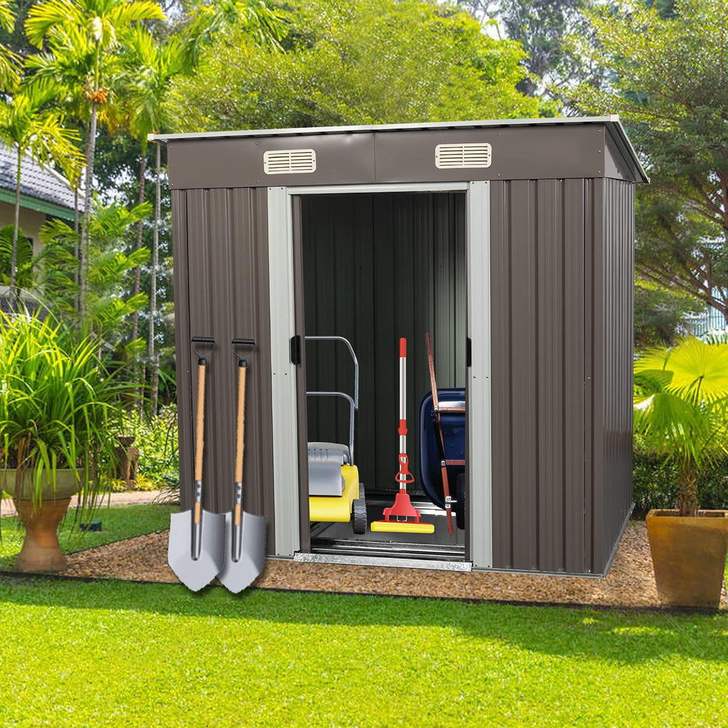 6.4 x 4ft Outdoor Metal Storage Shed，with Lockable Doors, Floor Frame, Sun Protection, Waterproof Tool Storage Shed for Patio, Lawn,Backyard (Gray-6.4 x 4ft)