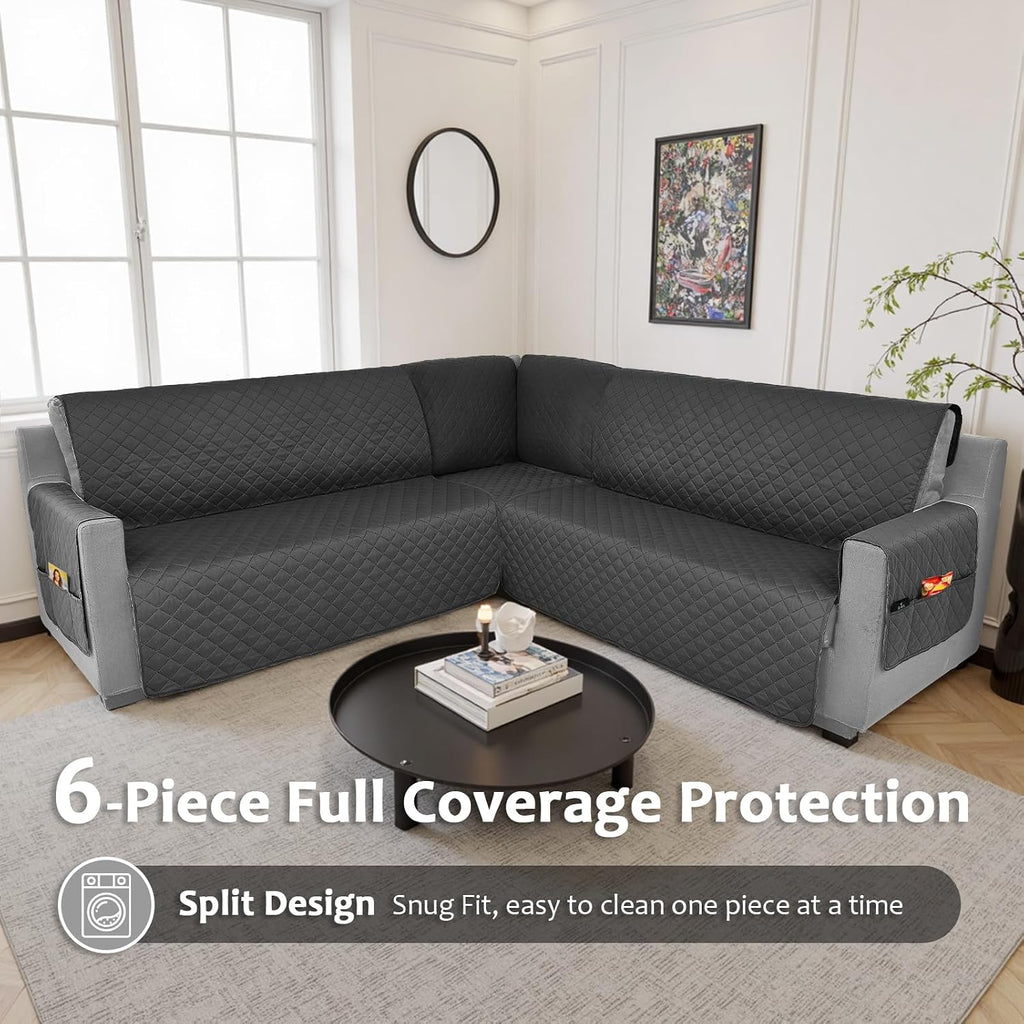 Waterproof Sectional Couch Covers L Shape Sectional Sofa Covers for Pets Washable Non-Slip 6PCS U Shaped Sofa Slipcovers Dog Couch Cover Corner Furniture Protector (Large, Black)