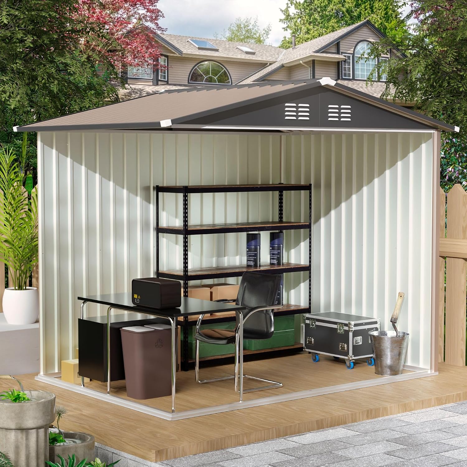 7.4FT x 5.3FT Storage Garden shed with Apex Roof for Patio Backyard use Galvanized Steel Tool Sheds Storage House