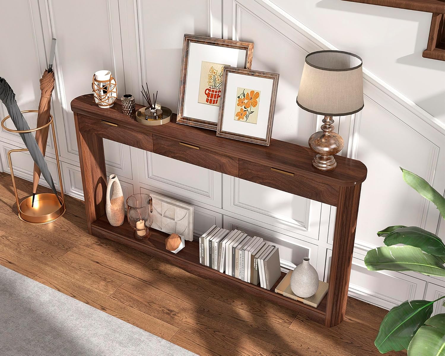 Rovibek Entryway Table with Drawers, 70 Inch Fluted Walnut Console Table with Storage, Narrow Sofa Tables Behind the Couch, Entry Tables for Living Room, Hallway, Entrance, Foyer