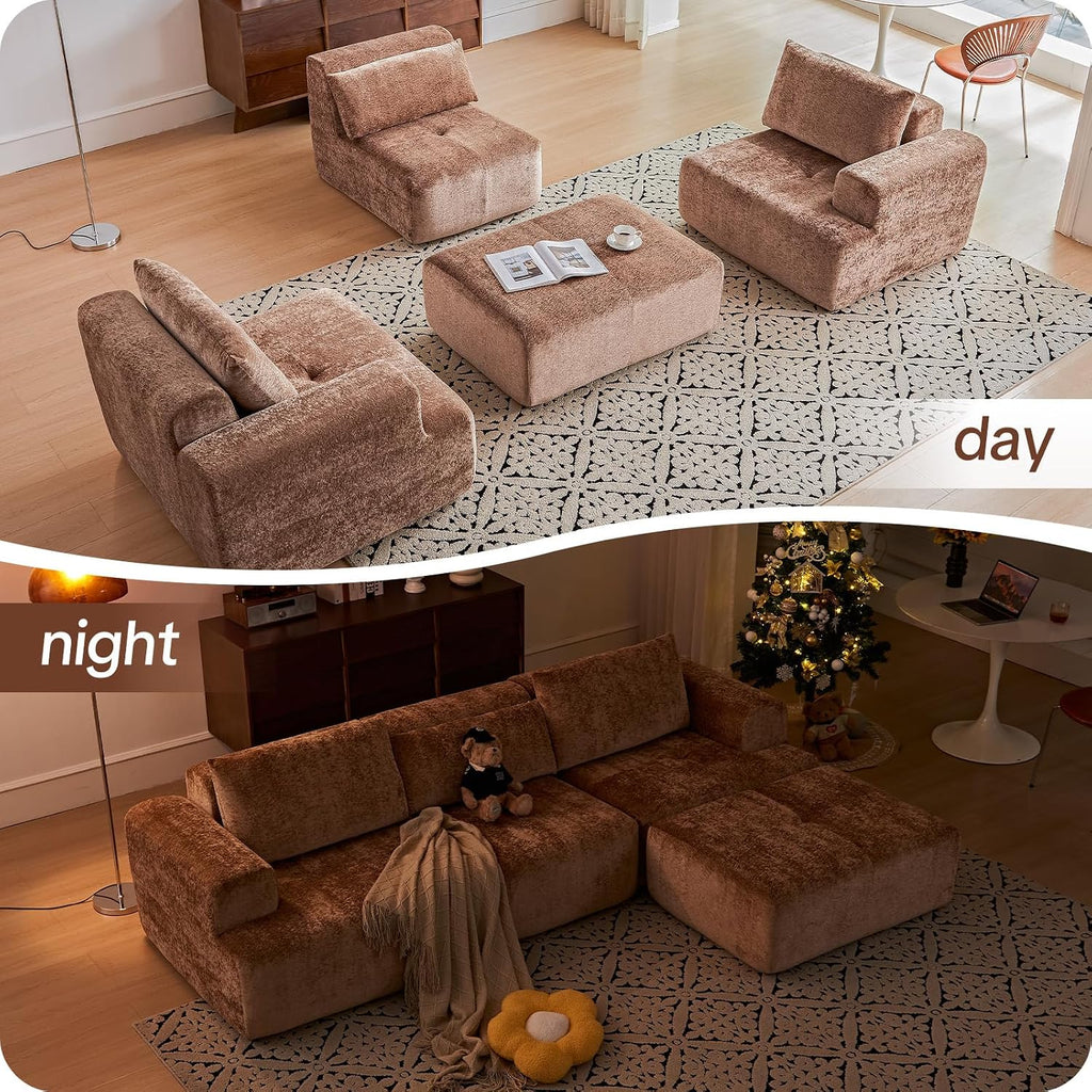 108' Modular Sectional Sofa - L-Shape Chaise, Modern Modular Cloud Couch with Deep Seat and Pillow, Boneless Couch Comfy Sofa for Living Room & Apartment, No Assembly(Camel)