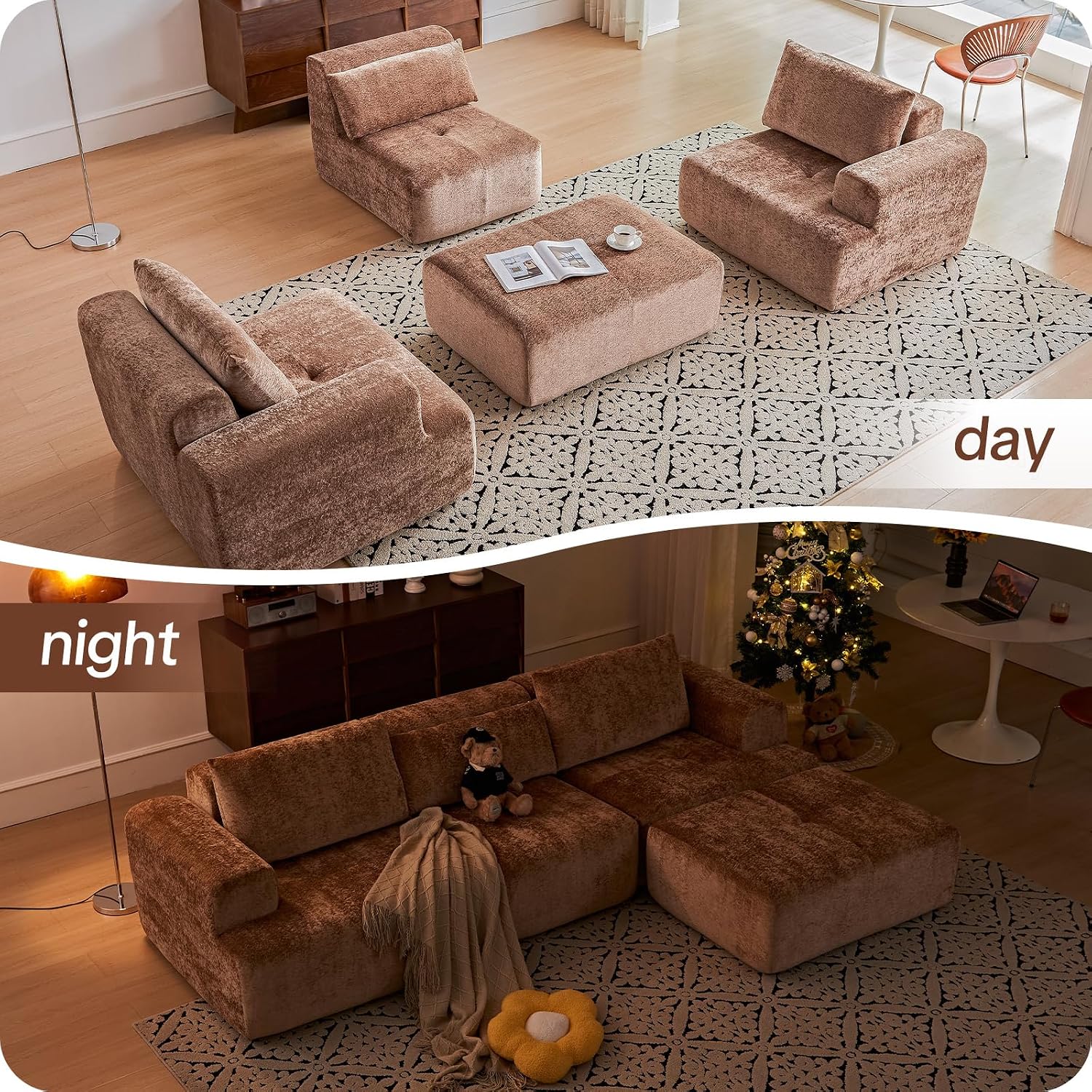 108' Modular Sectional Sofa - L-Shape Chaise, Modern Modular Cloud Couch with Deep Seat and Pillow, Boneless Couch Comfy Sofa for Living Room & Apartment, No Assembly(Camel)