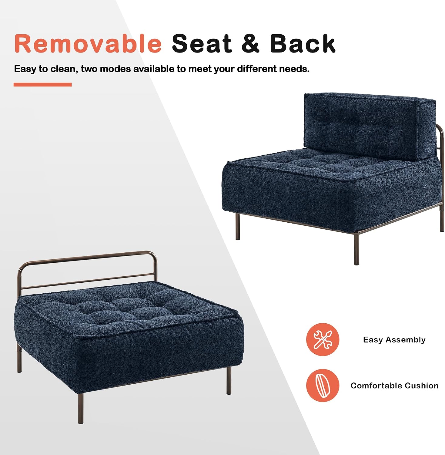 MCombo Modular Sofa Couch with Removable Cushion, Accent Sofa Chair, Upholstered Sofa for Living Room, Apartment, Office (Blue, Middle Seat)
