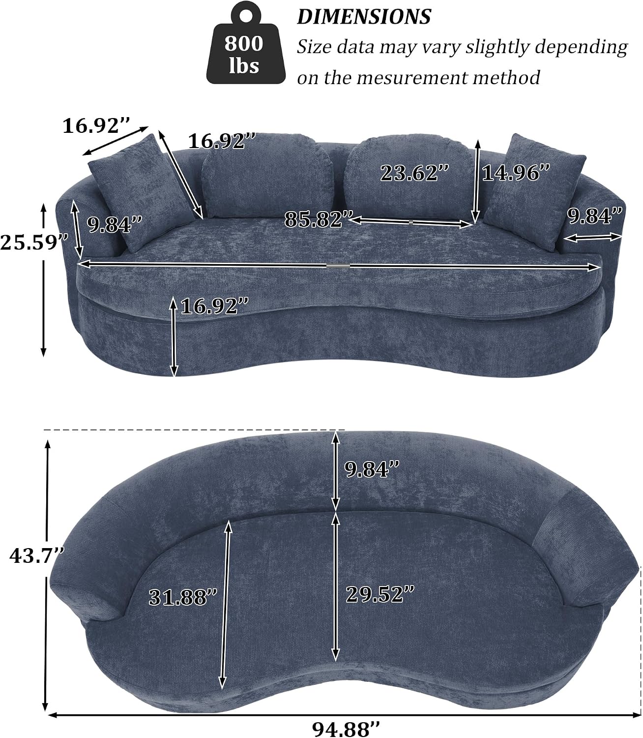 95' Modern Curved Sofa, Chenille Fabric Comfy Cloud Couch, No Assembly Required Half Moon Couch with Deep Seat, 4 Pillows for Living Room, Apartment, Bedroom