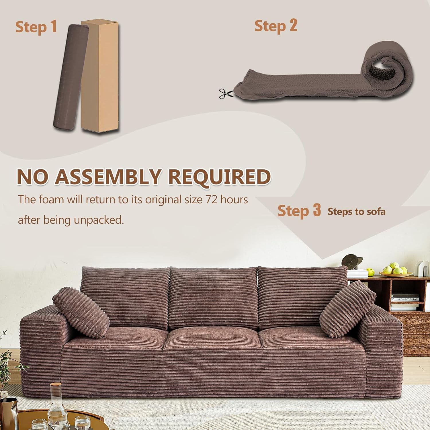 104.3' Modular Sectional Cloud Couch, Boneless Couches for Living Room, 3 Seater Modern Lounge Couch, No Assembly Required, Brown