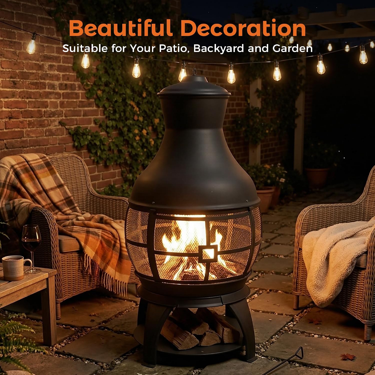 BALI OUTDOORS Chiminea Outdoor Fireplace, Outdoor Wood Burning Fire Pits for Backyard, Garden, Camping, Brown-Black