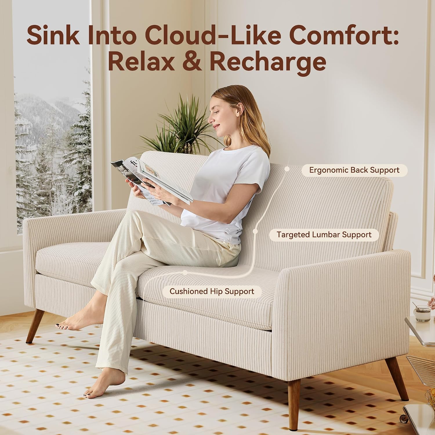 Vipbear 68' Loveseat Sofa - Cream White, Comfy Corduroy with Spring Cushion, Solid Wood Frame, Modern Deep Seat, Bedroom & Living Room, Office Small Couch