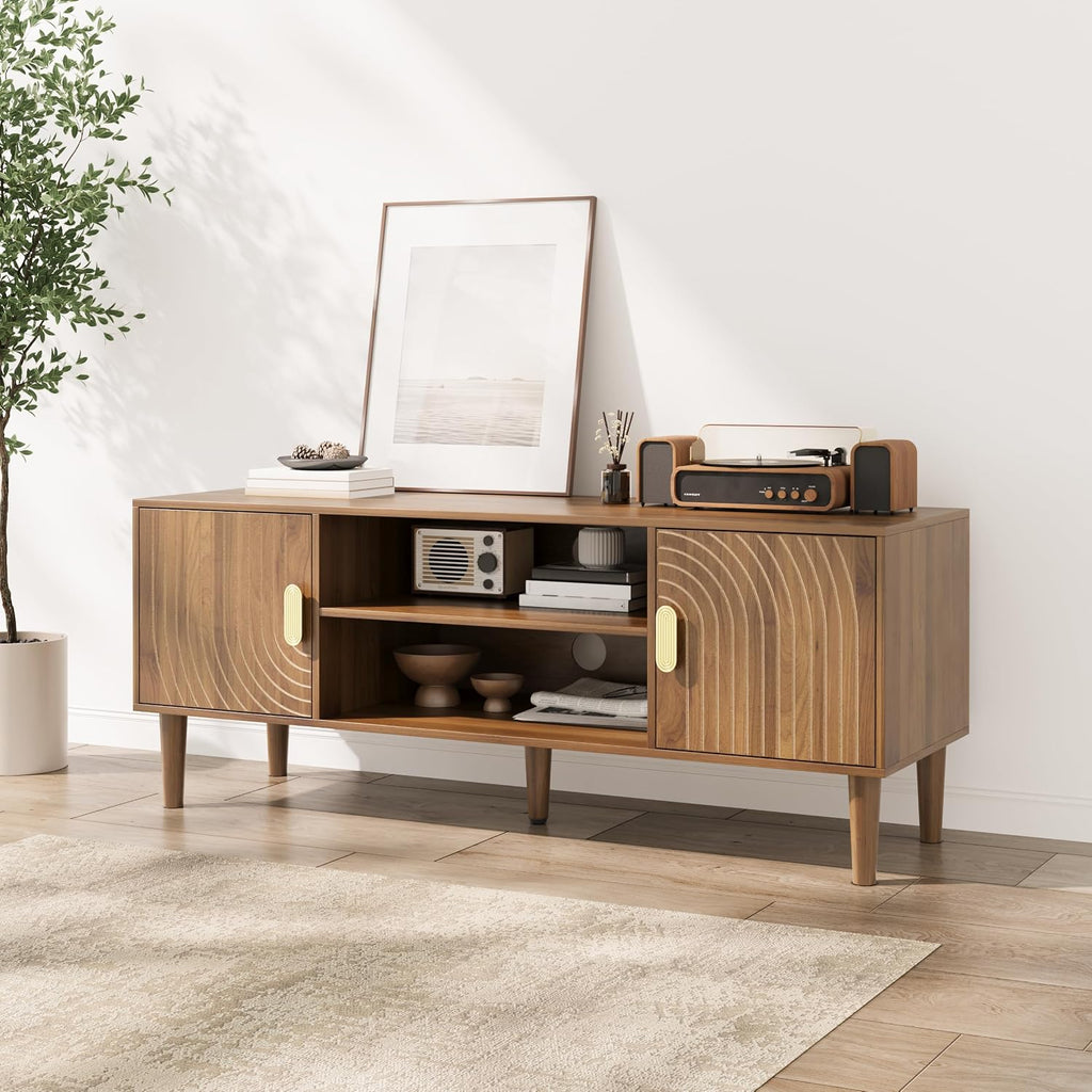 Smuxee Walnut TV Stand with Line Groove Design, 47.2' Mid Century Modern TV Media Console for TVs up to 55', TV Cabinet with Adjustable Shelf & 2 Cabinets for Living Room