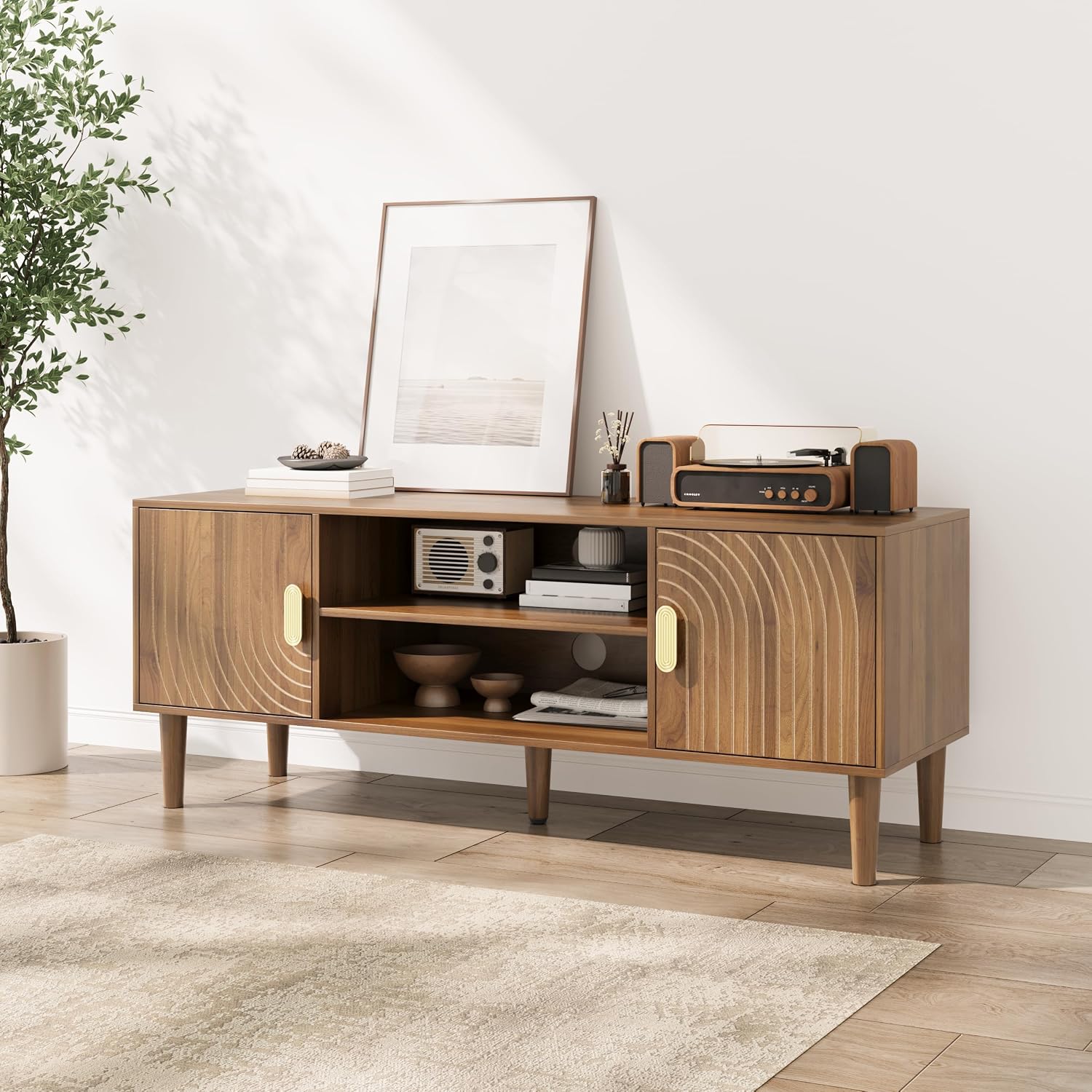 Smuxee Walnut TV Stand with Line Groove Design, 47.2' Mid Century Modern TV Media Console for TVs up to 55', TV Cabinet with Adjustable Shelf & 2 Cabinets for Living Room