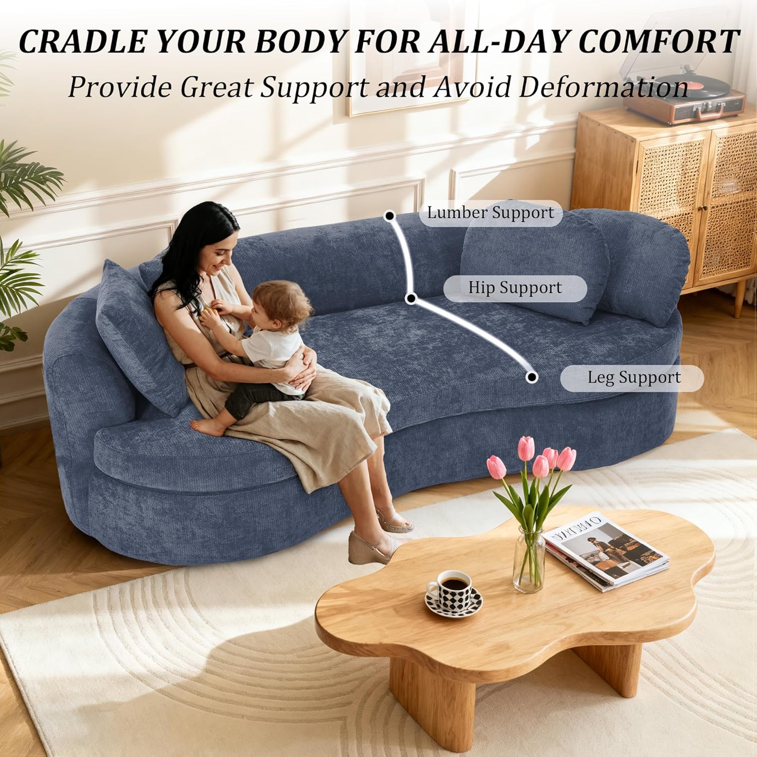 95' Modern Curved Sofa, Chenille Fabric Comfy Cloud Couch, No Assembly Required Half Moon Couch with Deep Seat, 4 Pillows for Living Room, Apartment, Bedroom