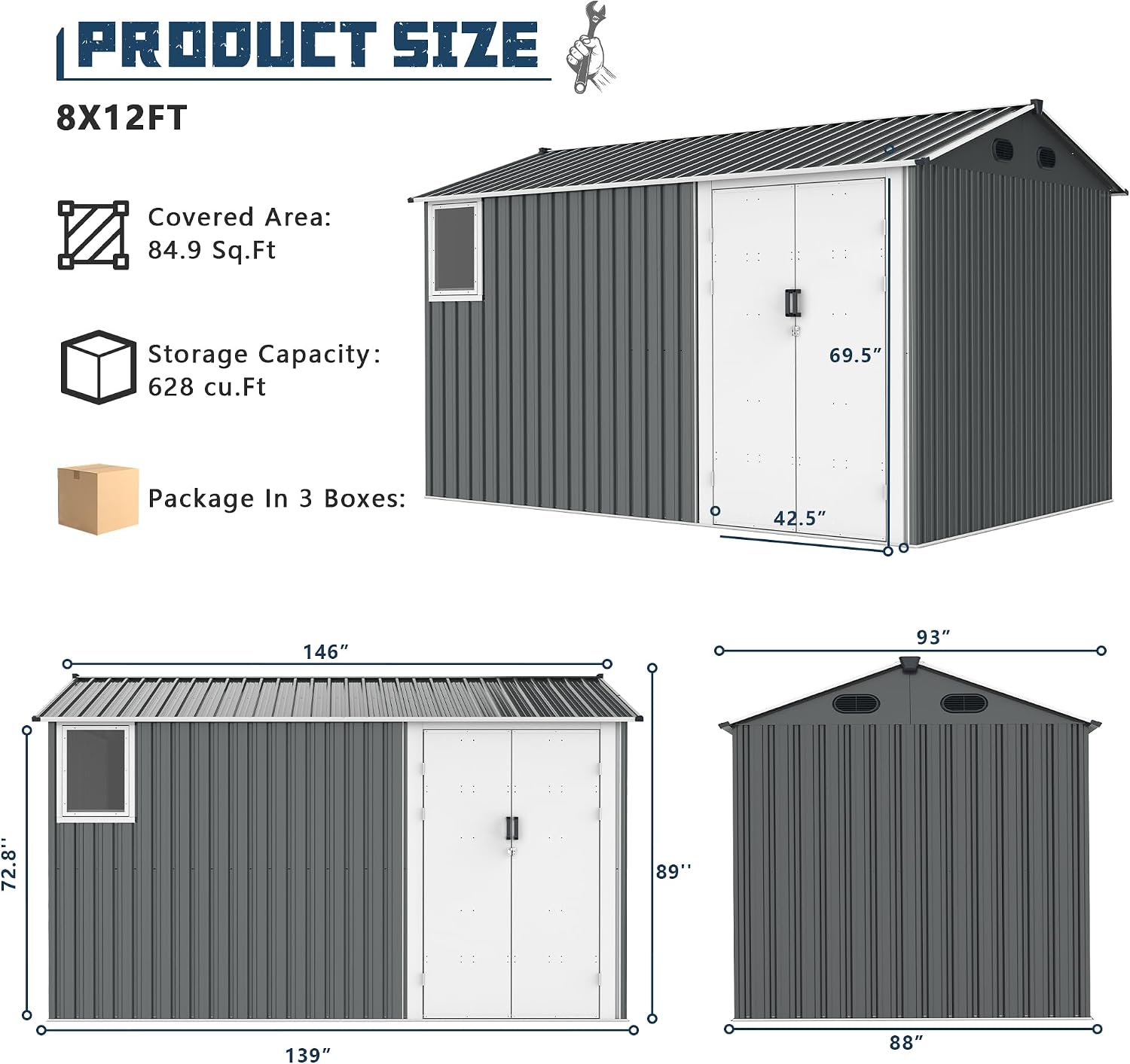 8x12 Ft Metal Outdoor Tool Storage Shed with Window, Floor Base & Air Vents, Gray