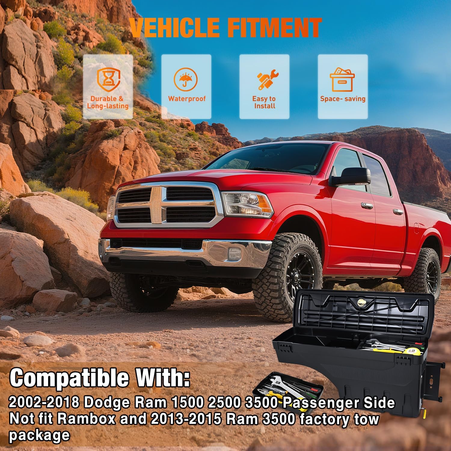 Nilight Truck Bed Tool Box Passenger Side Truck Tool Box Fit for Dodge Ram 1500 2500 3500 2002-2018 ABS Swing Case Truck Bed Storage Box w Lockable Lid Waterproof Wheel Well Toolbox, without Rambox