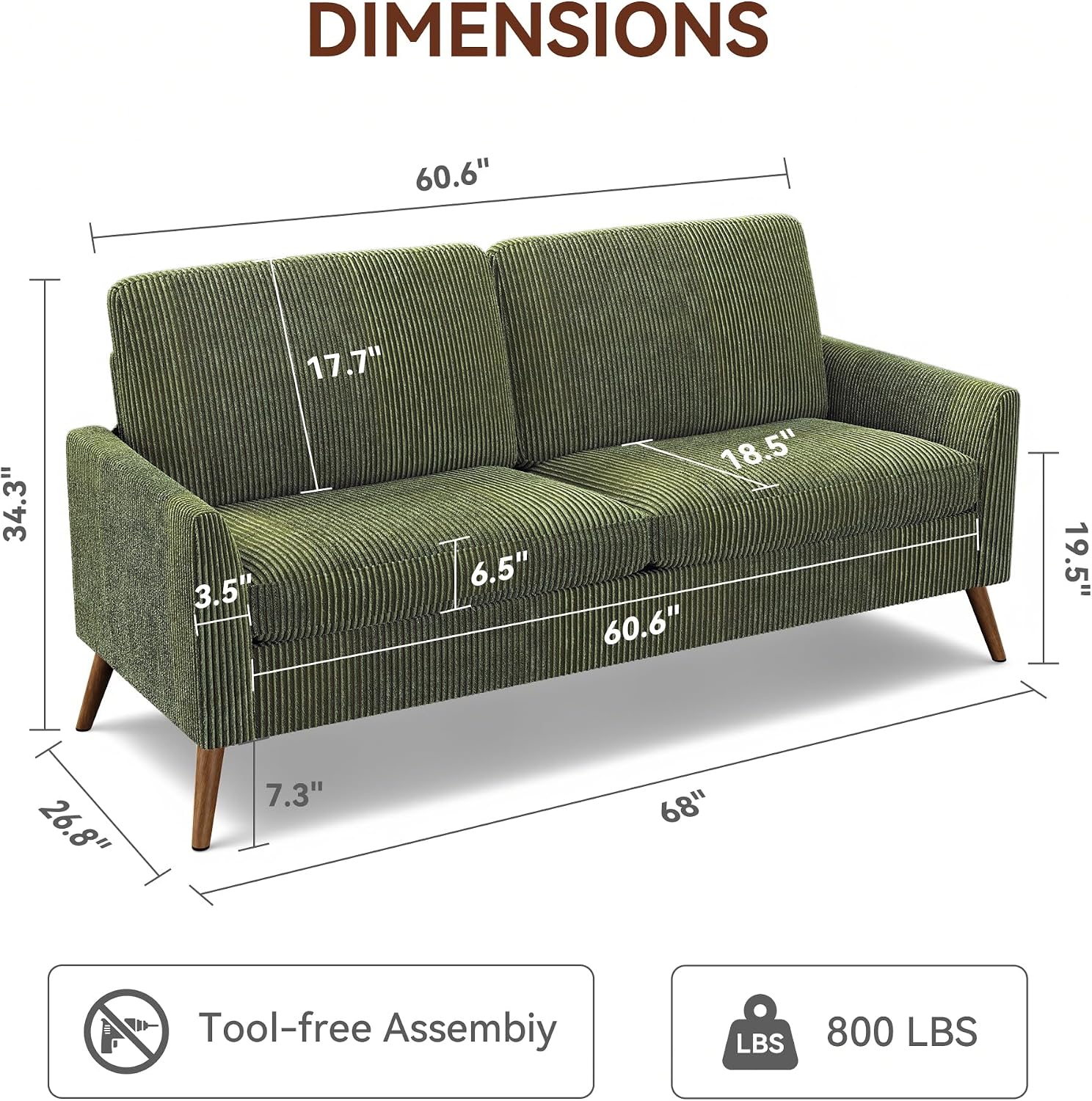 Vipbear 68' Loveseat Sofa - Green, Comfy Corduroy with Spring Cushion, Solid Wood Frame, Modern Deep Seat, Bedroom & Living Room, Office Small Couch