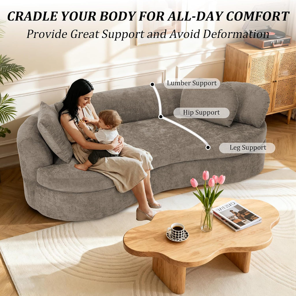 95' Modern Curved Sofa, Chenille Fabric Comfy Cloud Couch, No Assembly Required Half Moon Couch with Deep Seat, 4 Pillows for Living Room, Apartment, Bedroom