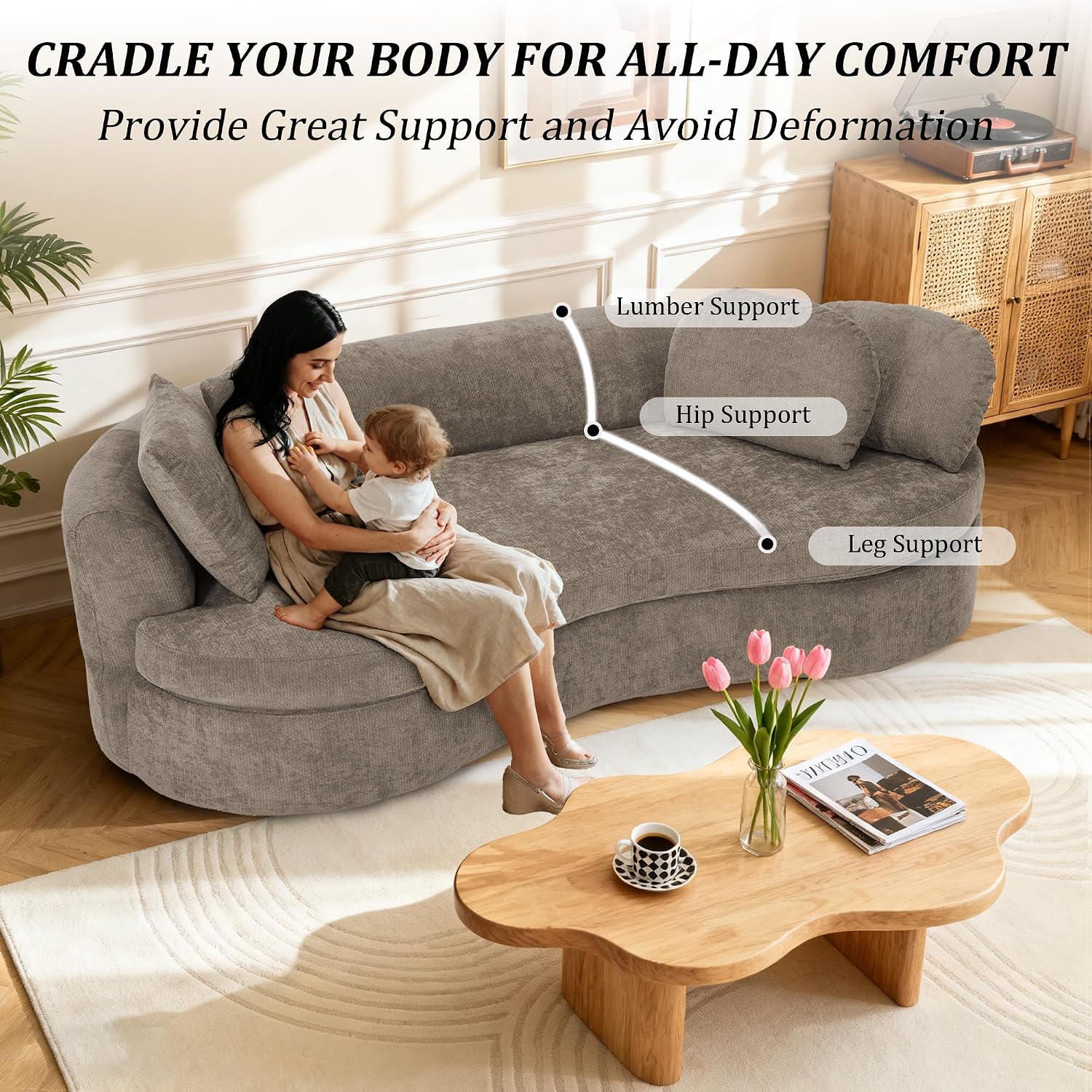 95' Modern Curved Sofa, Chenille Fabric Comfy Cloud Couch, No Assembly Required Half Moon Couch with Deep Seat, 4 Pillows for Living Room, Apartment, Bedroom