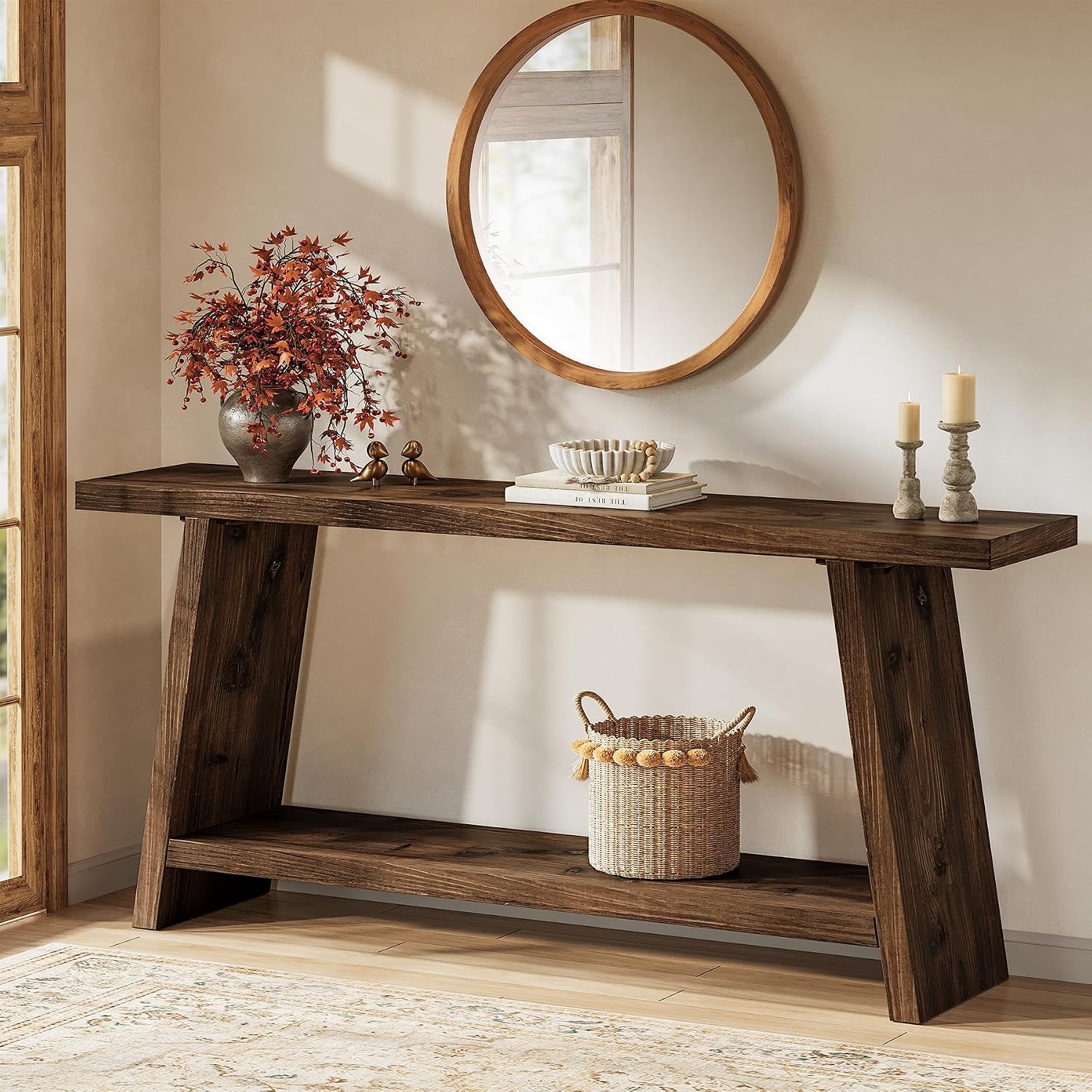 70.9'' Solid Wood Console Table, Narrow Long Sofa Table Behind Couch with 2-Tier Storage, Farmhouse Entryway Table for Living Room, Hallway, Foyer, Espresso Brown